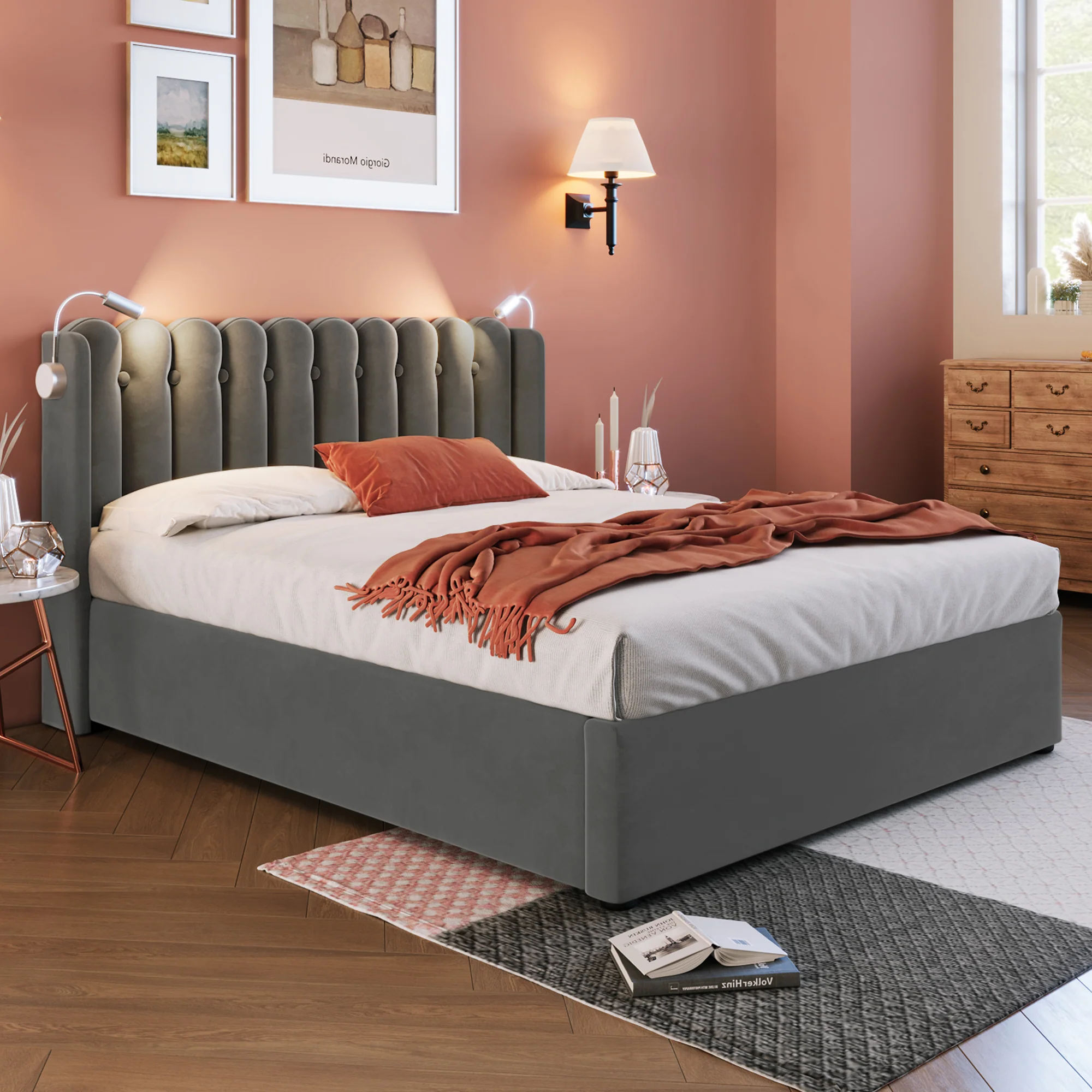 Upholstered Bed, Double with Reading Light, Charging, Storage, 160x200 Velvet Gray - Image 8