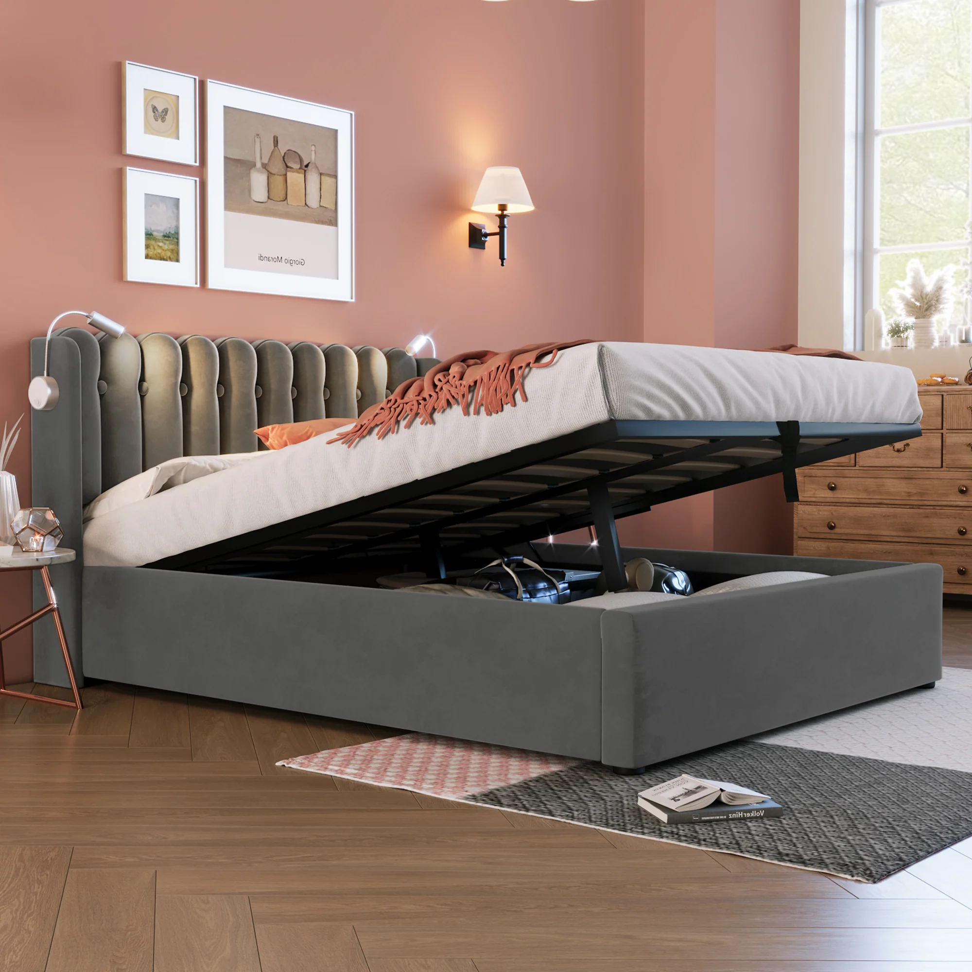 Upholstered Bed, Double with Reading Light, Charging, Storage, 160x200 Velvet Gray - Image 9