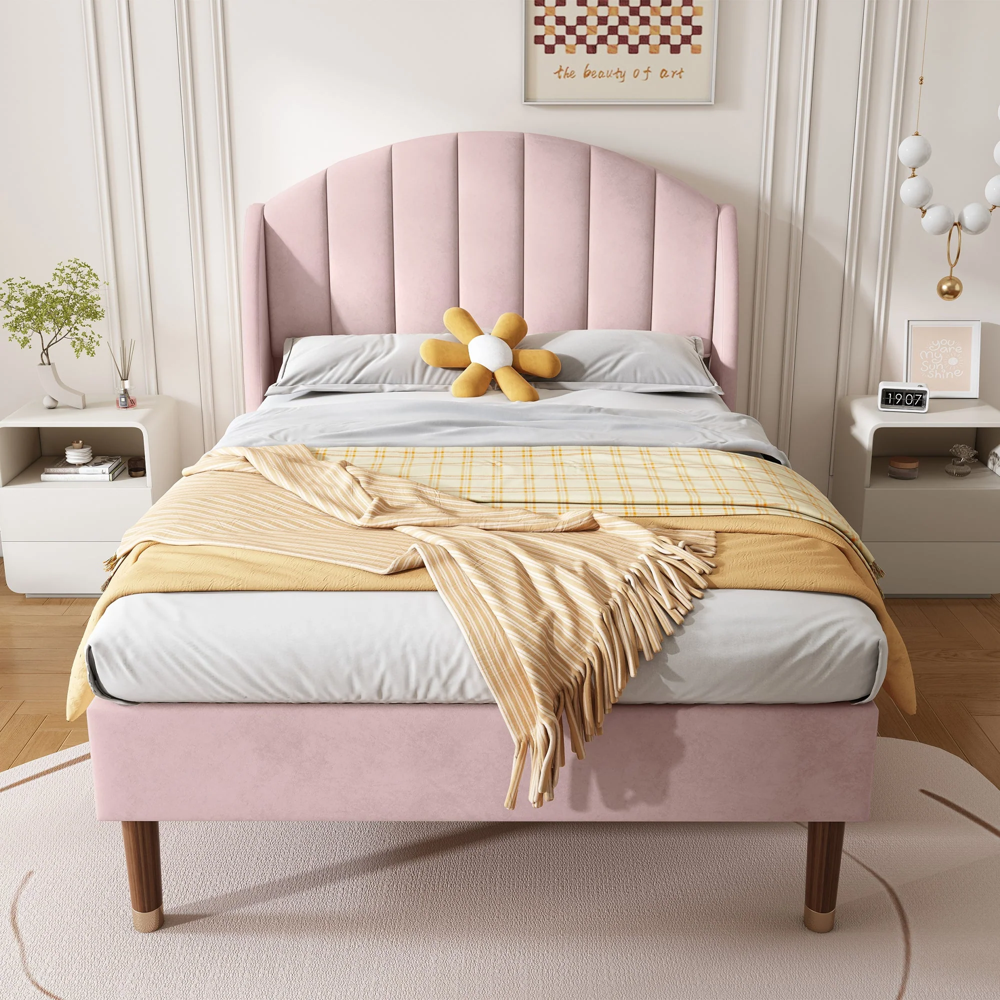 Pink Velvet Upholstered Single Bed with Padded Headboard & Slatted Frame (3ft / 90×190cm) - Image 3