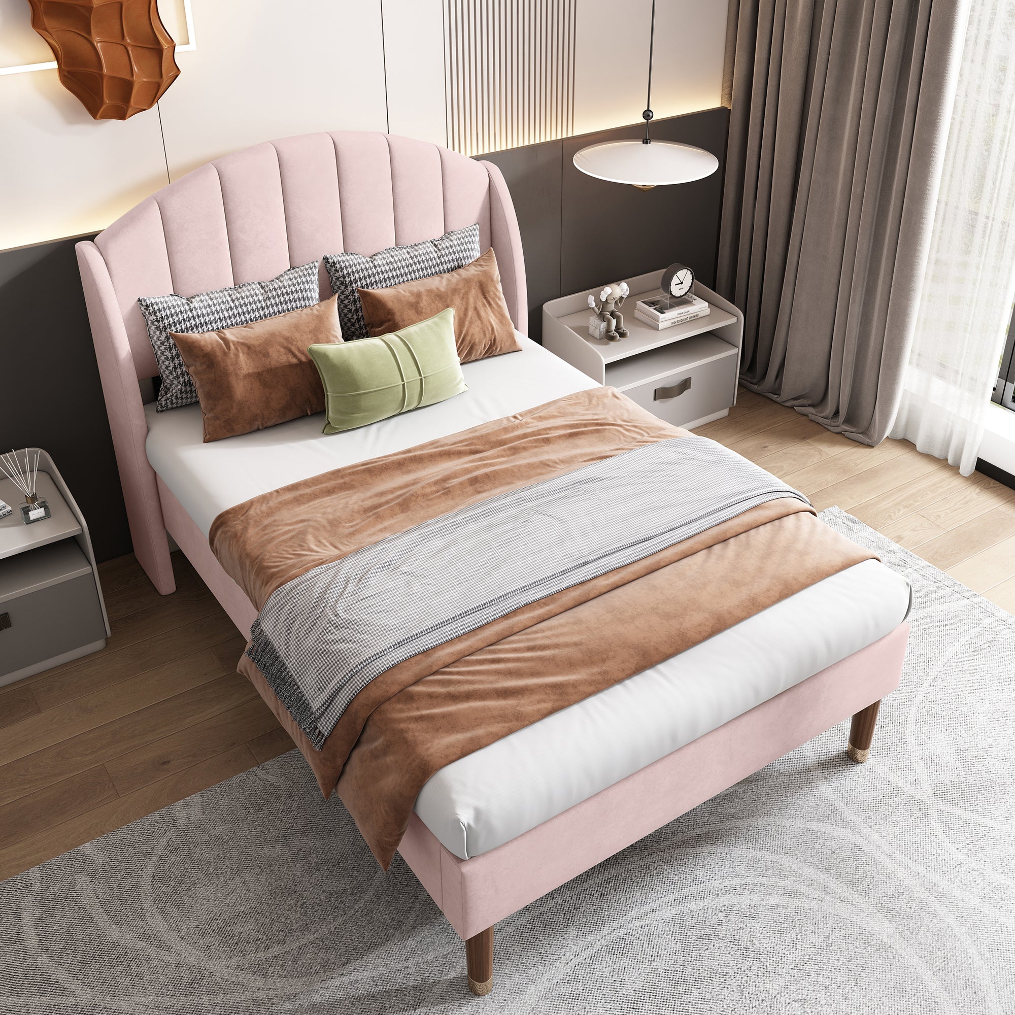 Pink Velvet Upholstered Single Bed with Padded Headboard & Slatted Frame (3ft / 90×190cm) - Image 4