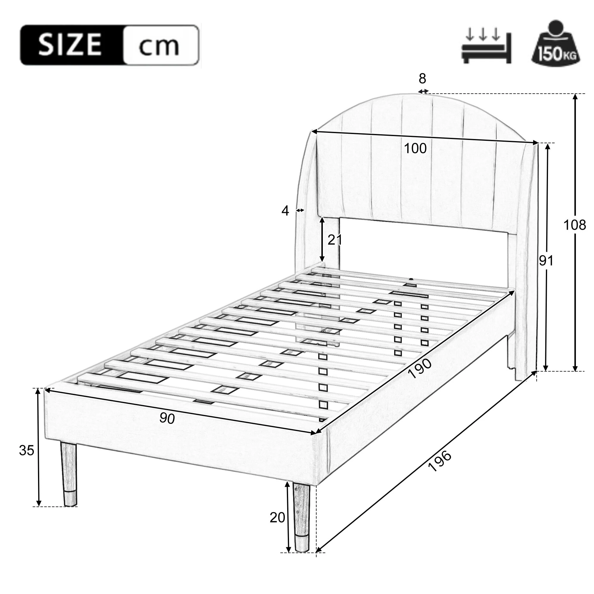 Pink Velvet Upholstered Single Bed with Padded Headboard & Slatted Frame (3ft / 90×190cm) - Image 6