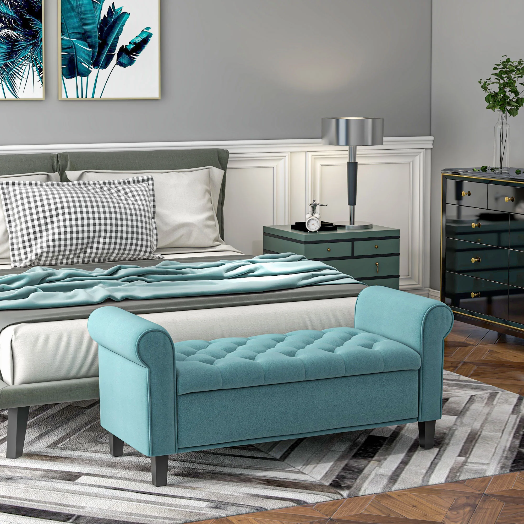 Upholstered Bench with Storage, 120 kg Load Capacity, 126x48.5x47 cm, Green Velvet Look - Image 2