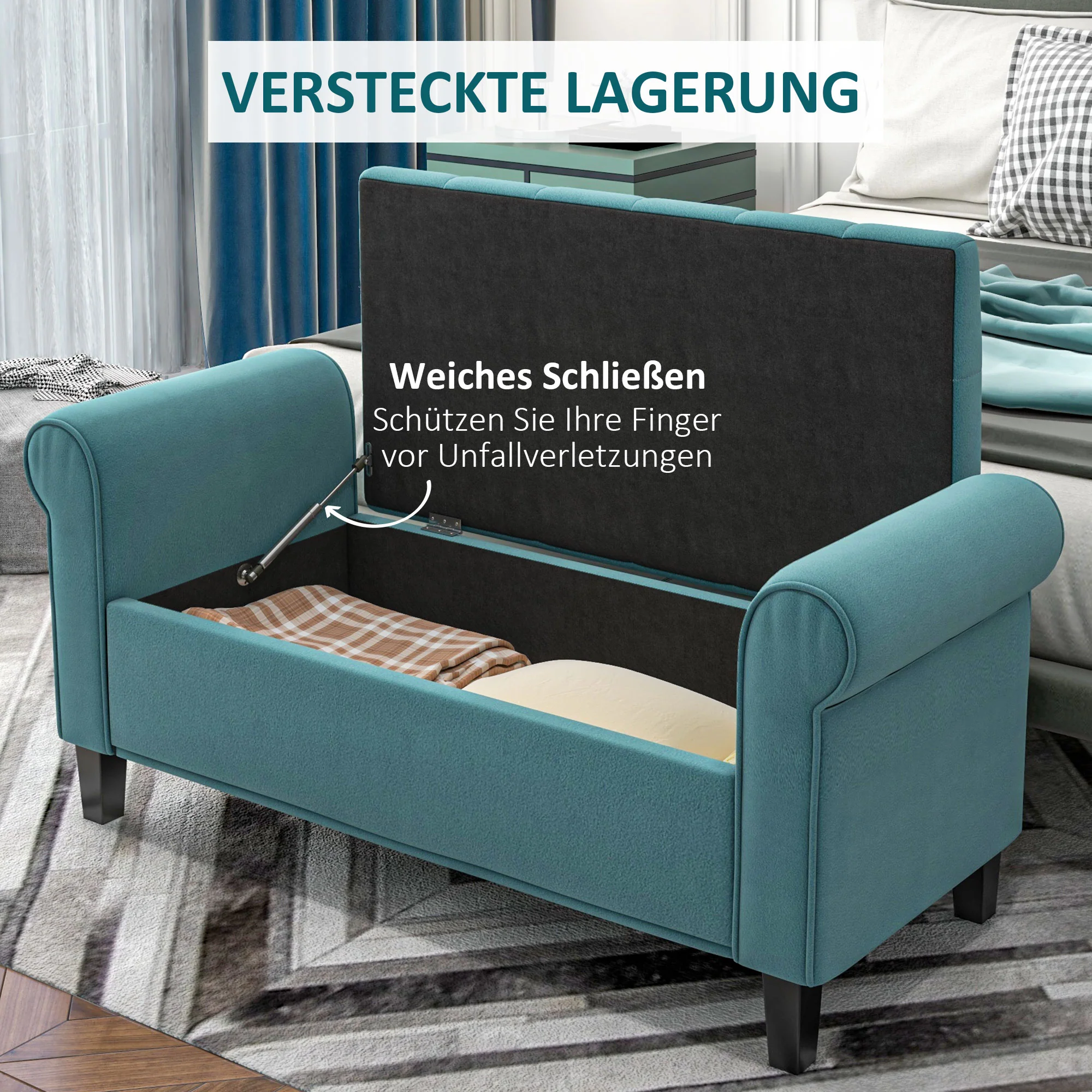 Upholstered Bench with Storage, 120 kg Load Capacity, 126x48.5x47 cm, Green Velvet Look - Image 4
