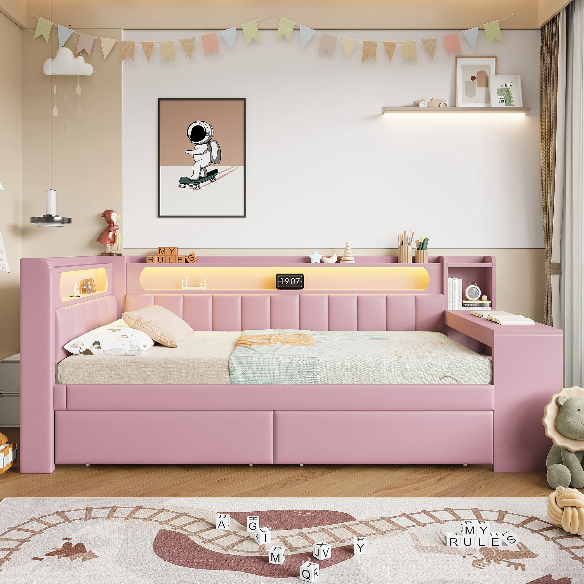 Upholstered Daybed 90x200cm USB LED Desk 2 Drawers - Pink - Image 4