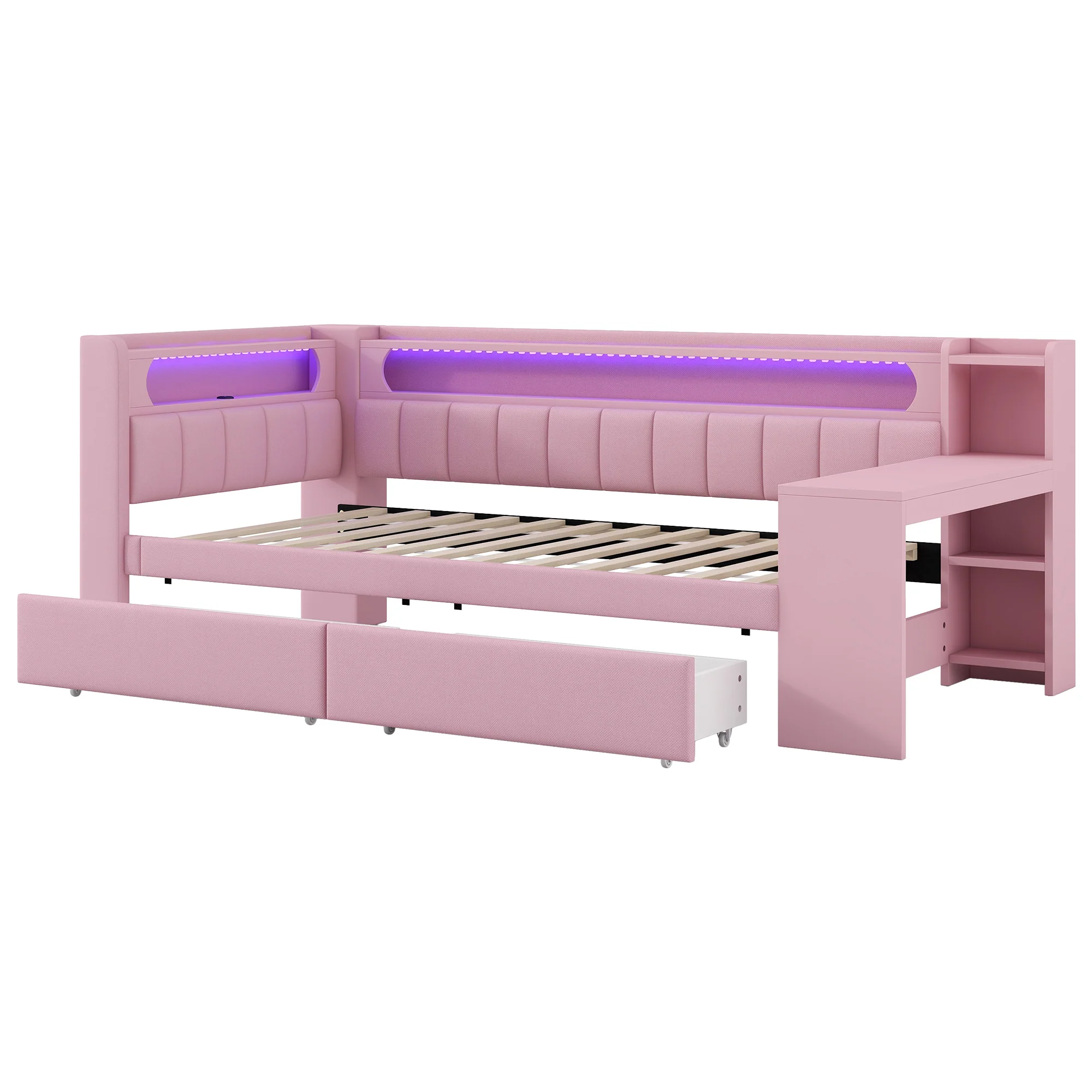 Upholstered Daybed 90x200cm USB LED Desk 2 Drawers - Pink - Image 8