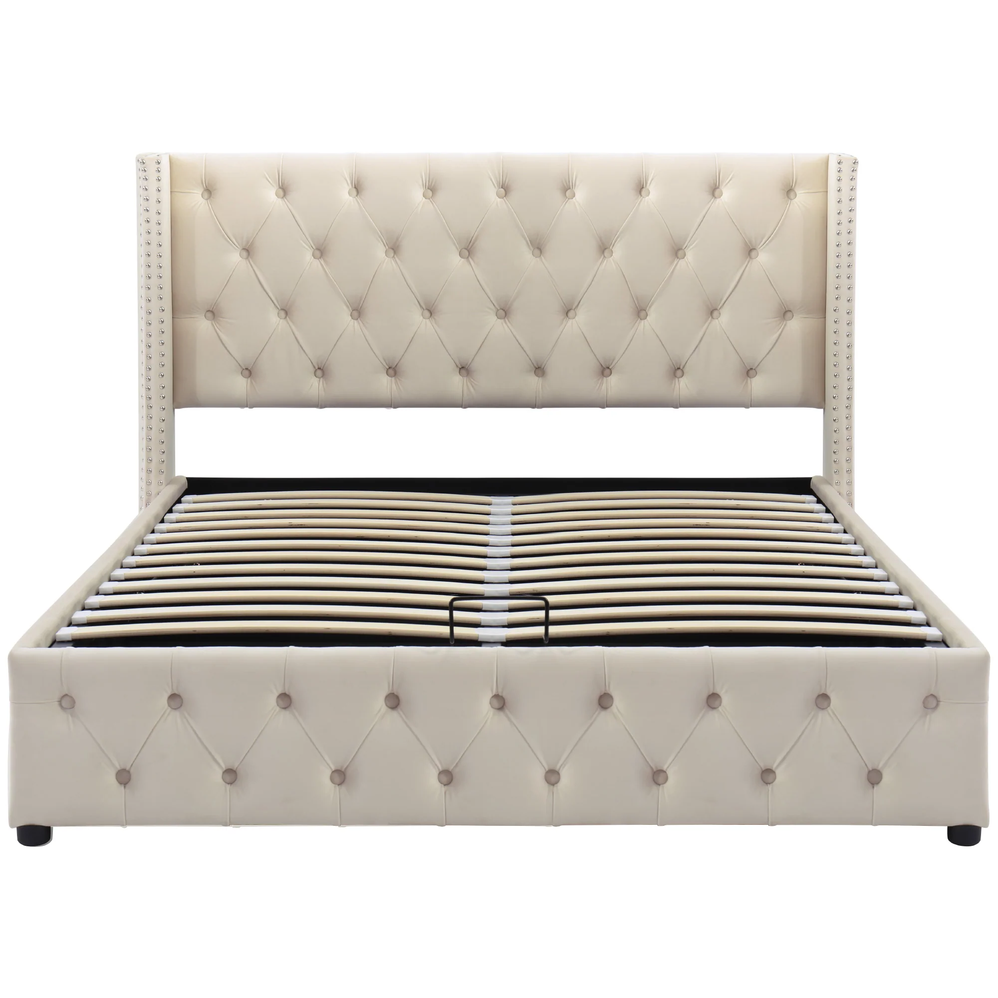Upholstered Double Bed 140x190 Hydraulic Storage Pillow Headboard - Black/Beige Velvet - Image 10