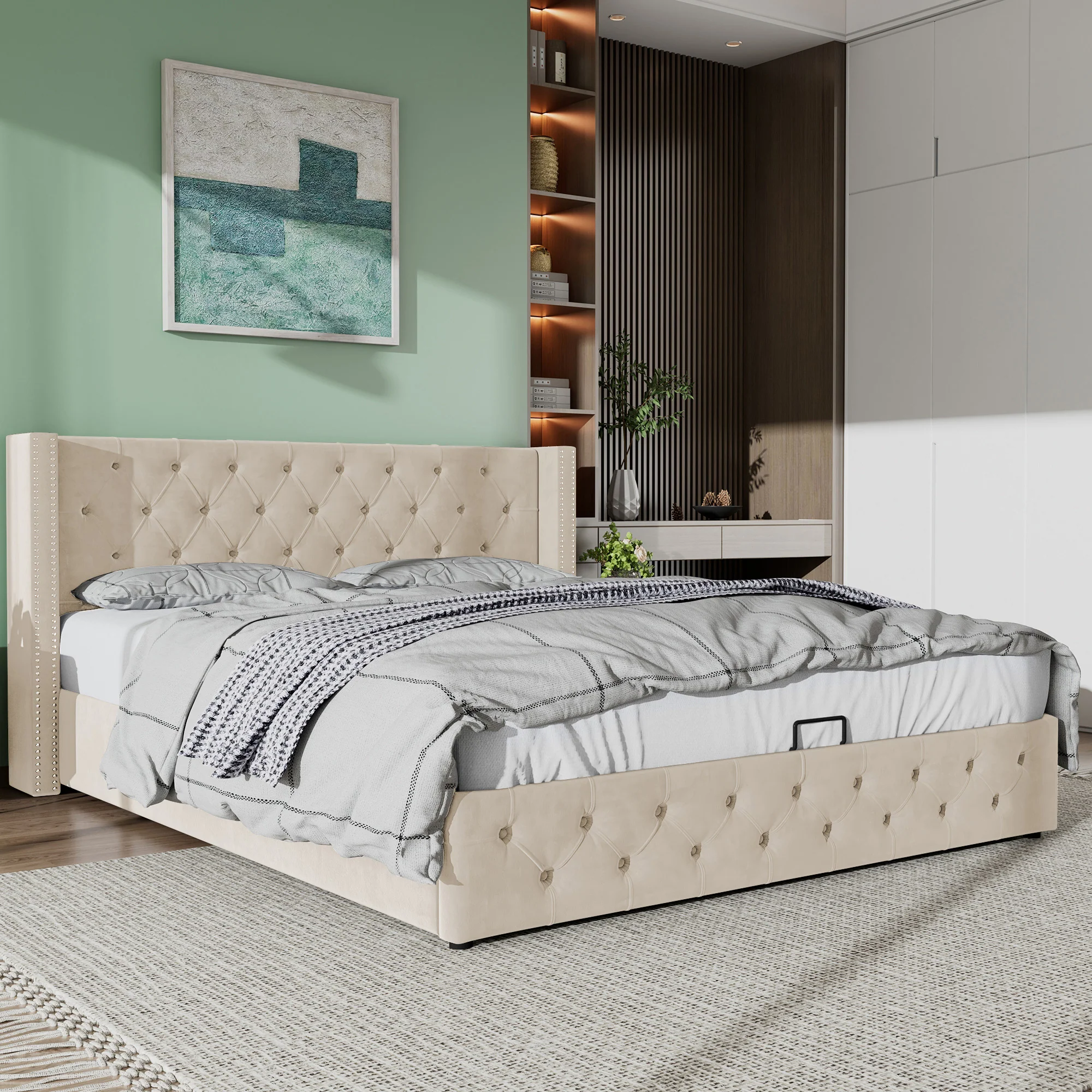 Upholstered Double Bed 140x190 Hydraulic Storage Pillow Headboard - Black/Beige Velvet - Image 2