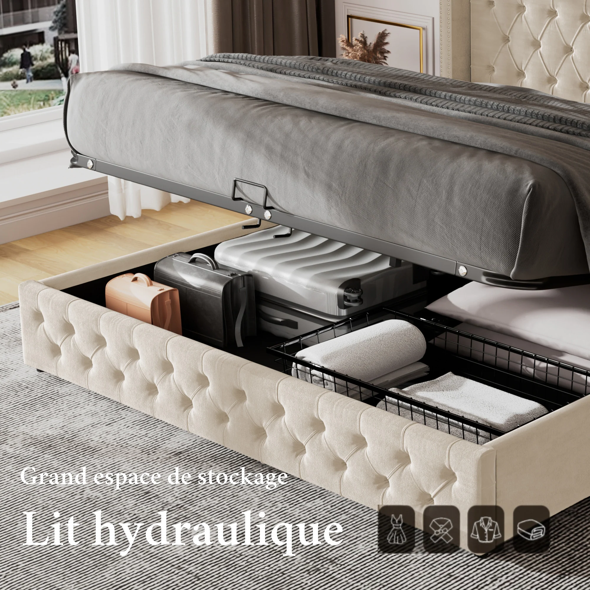Upholstered Double Bed 140x190 Hydraulic Storage Pillow Headboard - Black/Beige Velvet - Image 3