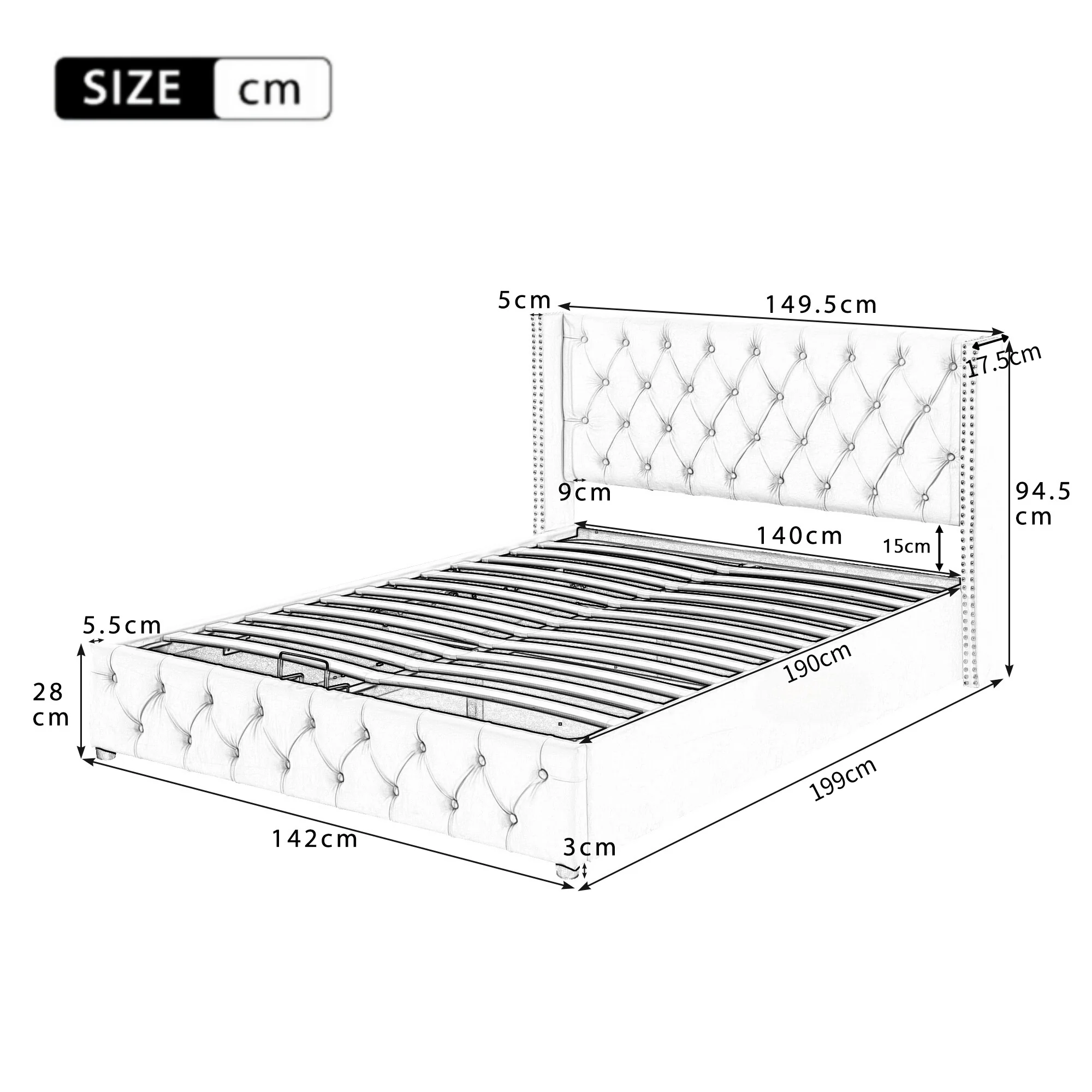 Upholstered Double Bed 140x190 Hydraulic Storage Pillow Headboard - Black/Beige Velvet - Image 5