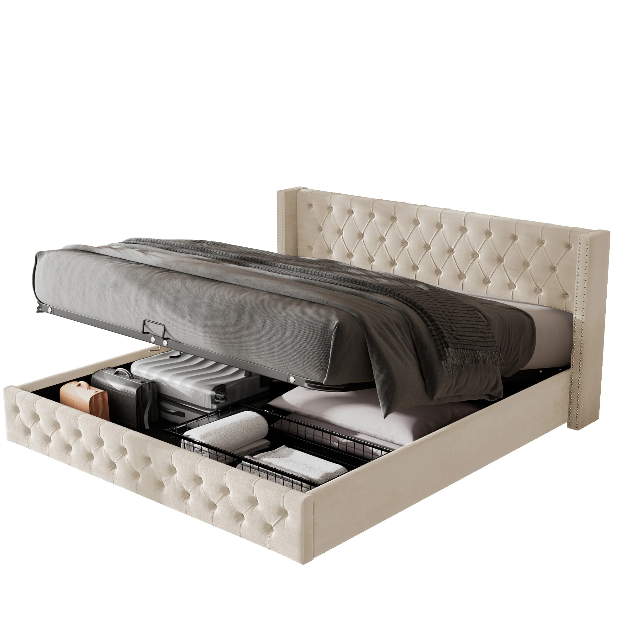 Upholstered Double Bed 140x190 Hydraulic Storage Pillow Headboard - Black/Beige Velvet - Image 6