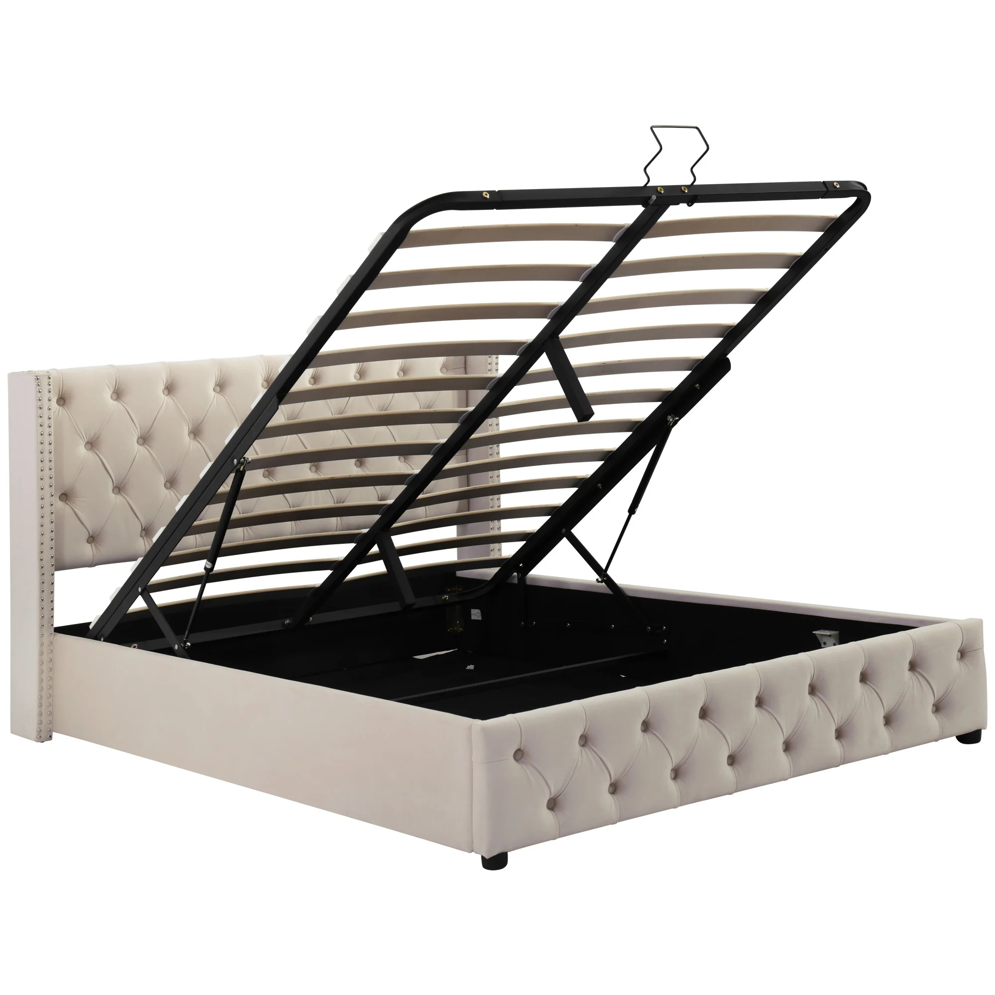 Upholstered Double Bed 140x190 Hydraulic Storage Pillow Headboard - Black/Beige Velvet - Image 7