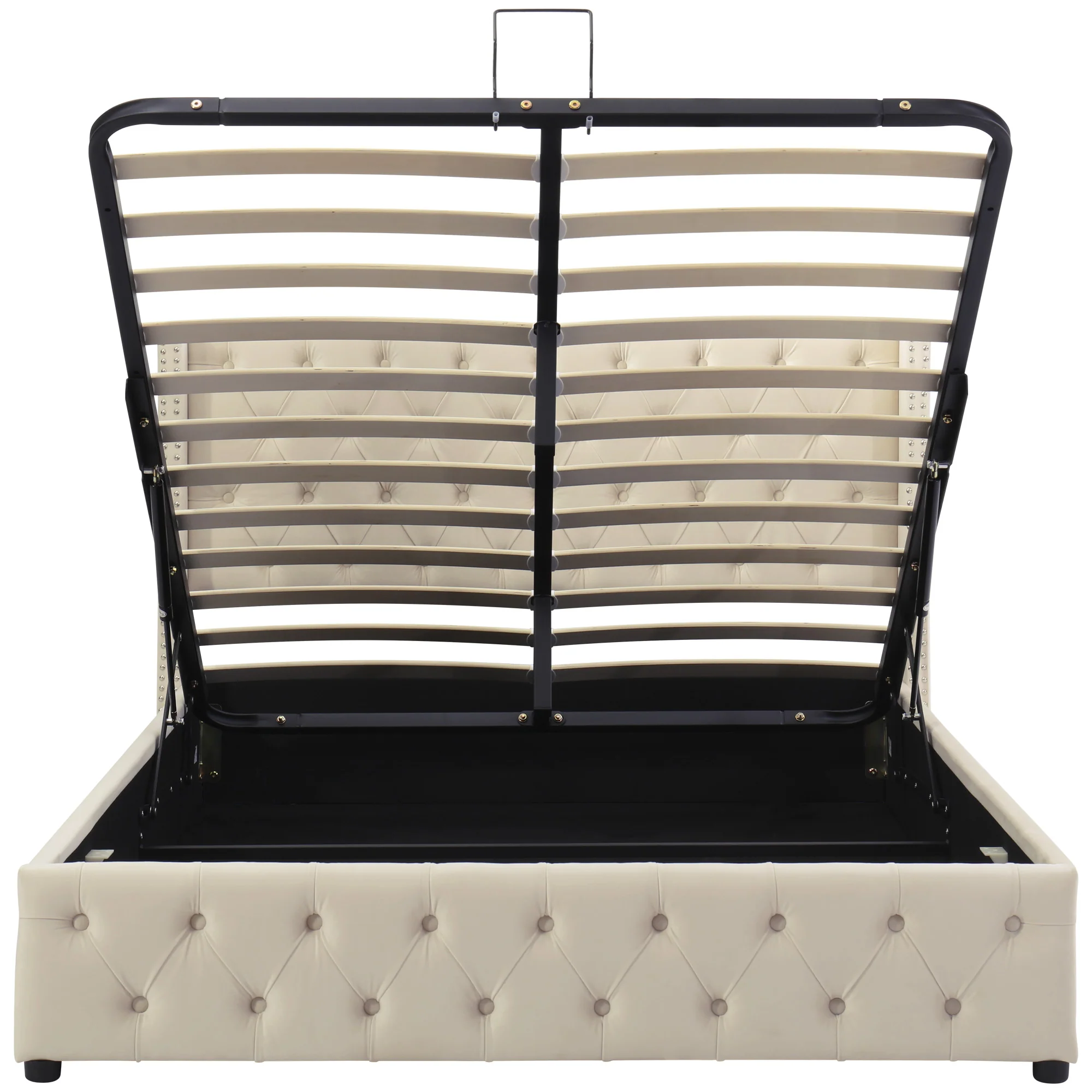 Upholstered Double Bed 140x190 Hydraulic Storage Pillow Headboard - Black/Beige Velvet - Image 8