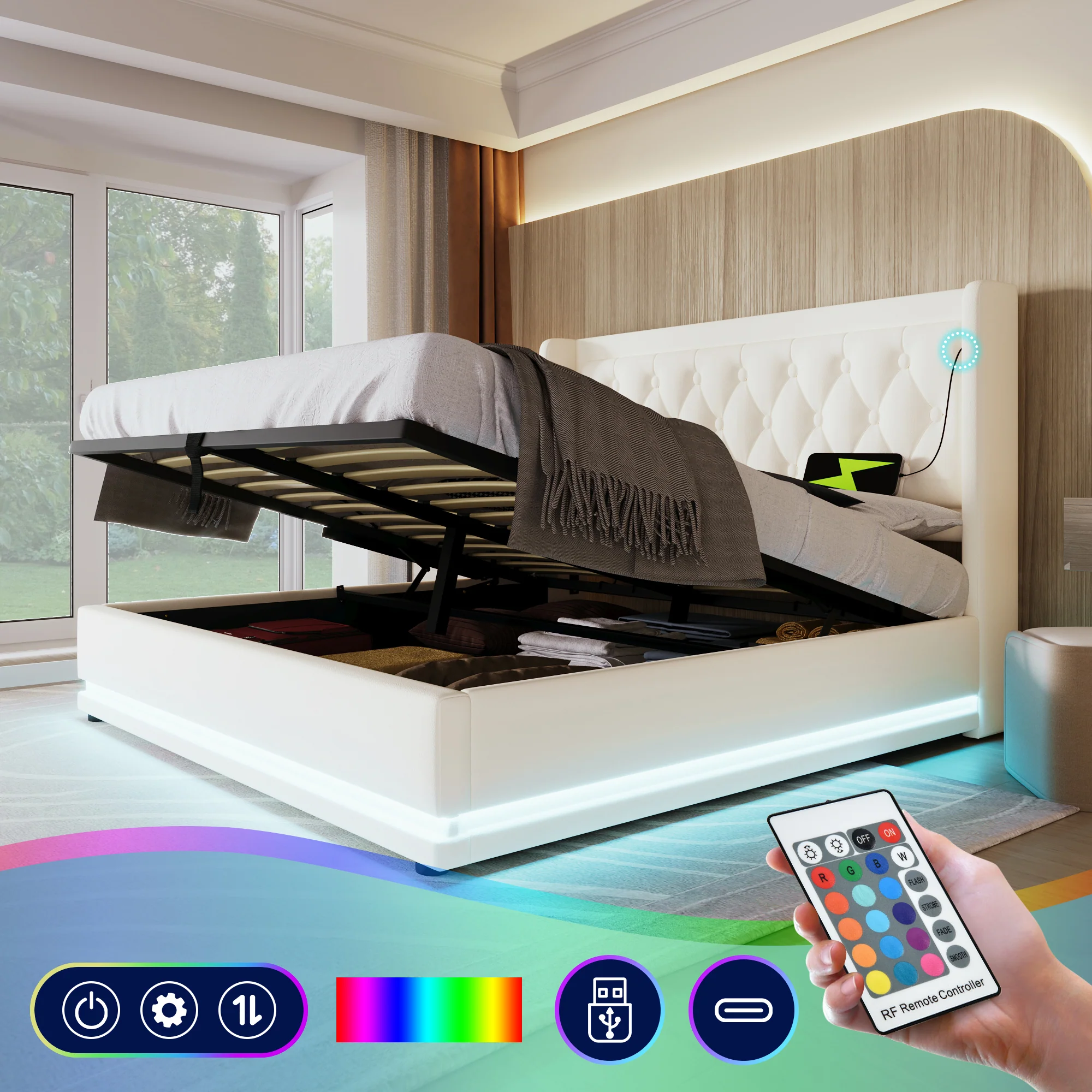 Upholstered Double Bed 140x200cm, Hydraulic Storage, USB-C Charging, 3-Sided LED, White PU