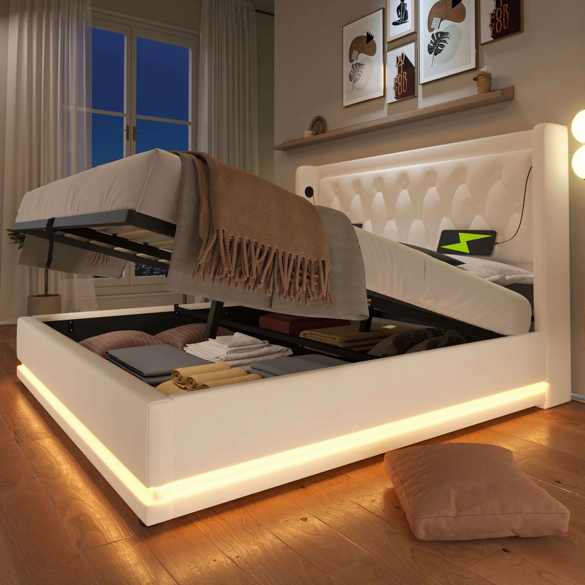 Upholstered Double Bed 140x200cm, Hydraulic Storage, USB-C Charging, 3-Sided LED, White PU - Image 10