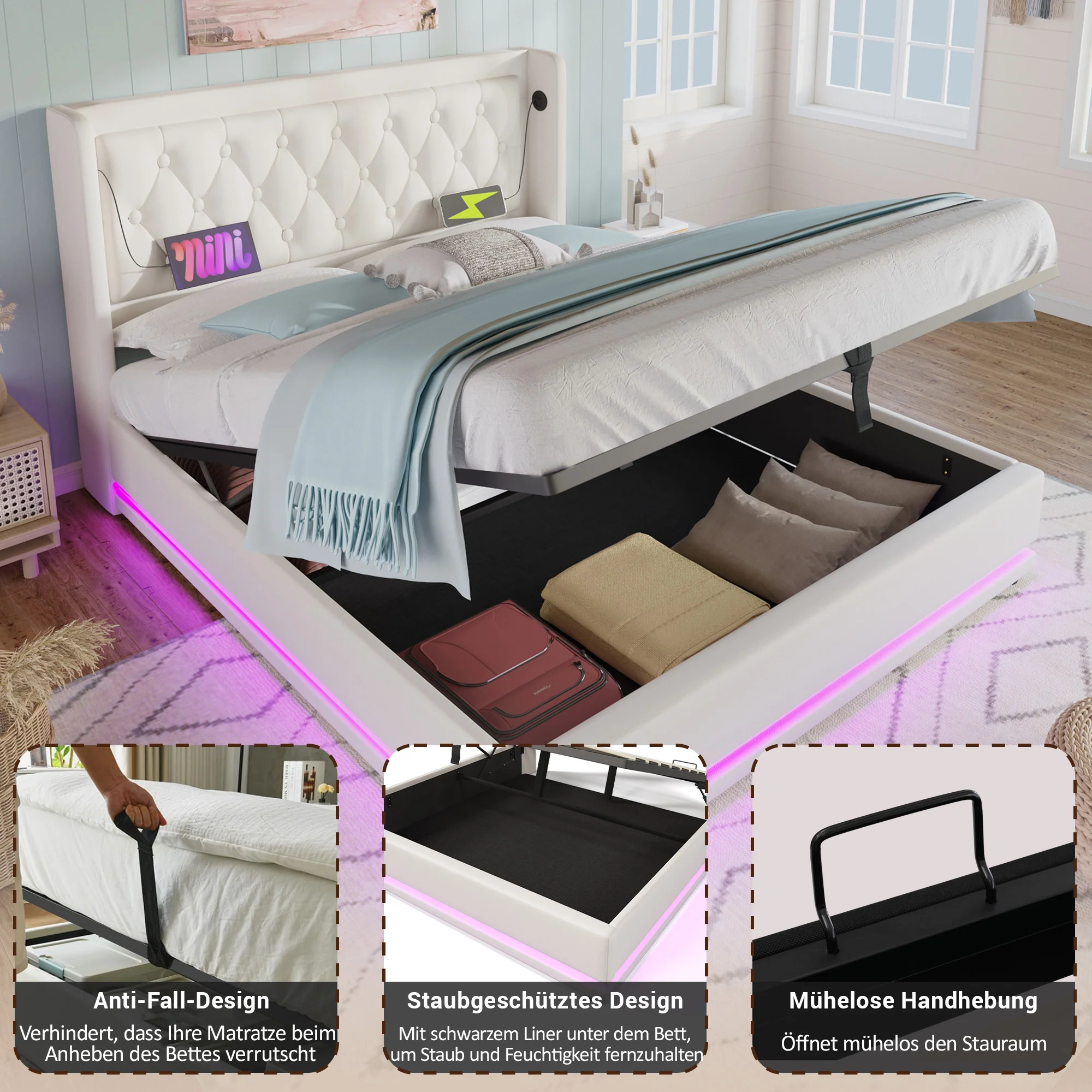 Upholstered Double Bed 140x200cm, Hydraulic Storage, USB-C Charging, 3-Sided LED, White PU - Image 4