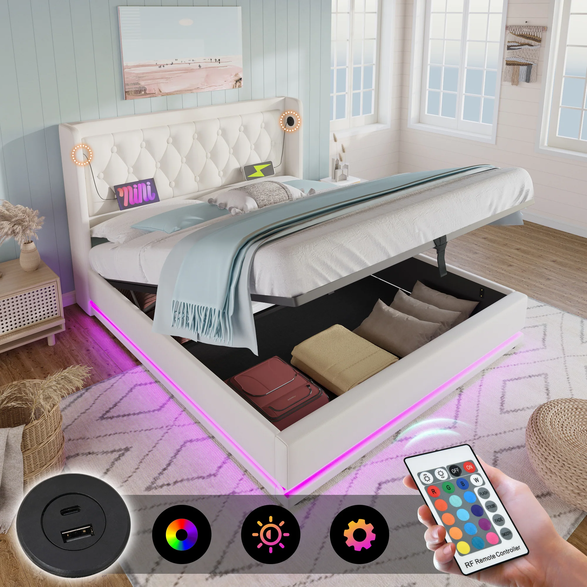 Upholstered Double Bed 140x200cm, Hydraulic Storage, USB-C Charging, 3-Sided LED, White PU - Image 5