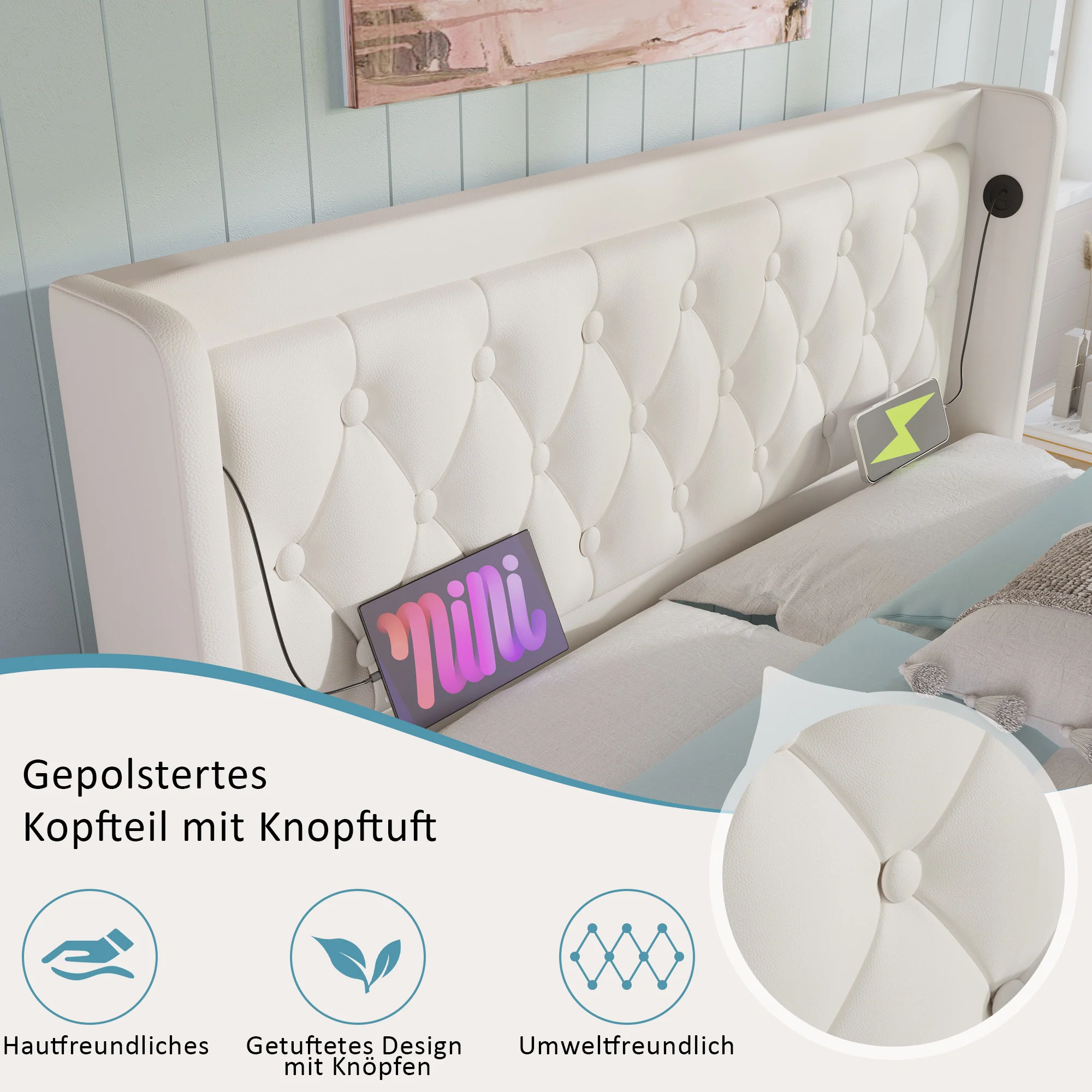 Upholstered Double Bed 140x200cm, Hydraulic Storage, USB-C Charging, 3-Sided LED, White PU - Image 6