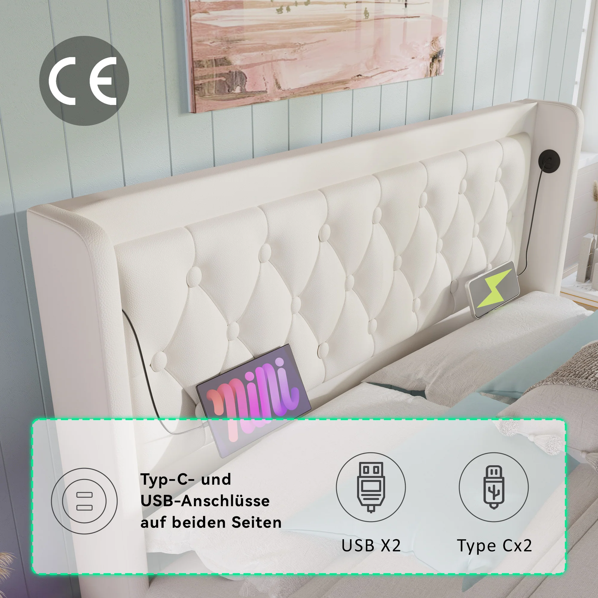 Upholstered Double Bed 140x200cm, Hydraulic Storage, USB-C Charging, 3-Sided LED, White PU - Image 7