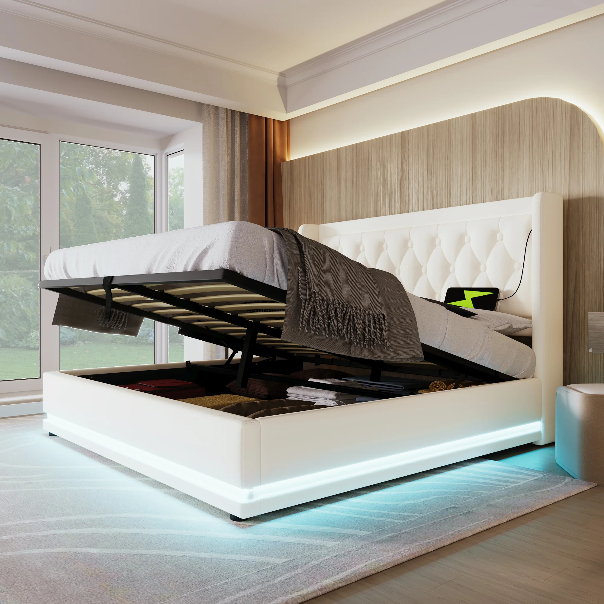 Upholstered Double Bed 140x200cm, Hydraulic Storage, USB-C Charging, 3-Sided LED, White PU - Image 8