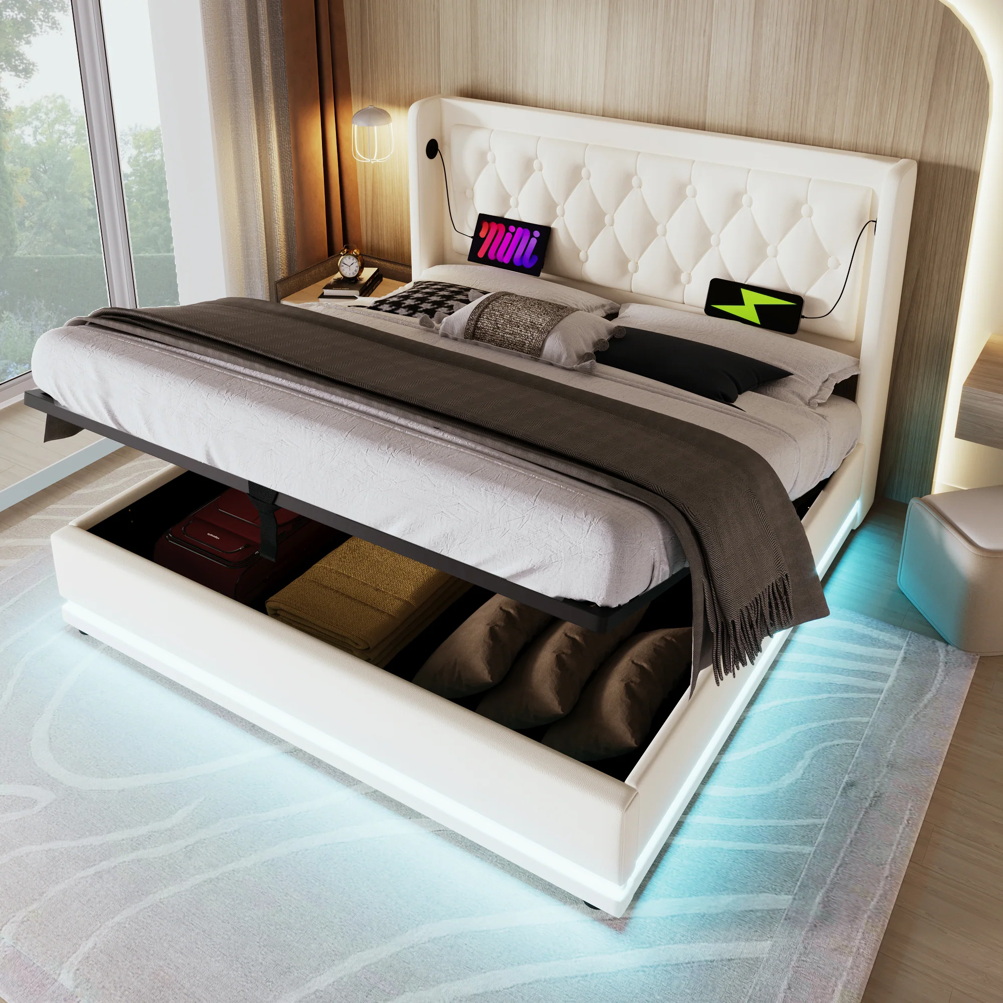 Upholstered Double Bed 140x200cm, Hydraulic Storage, USB-C Charging, 3-Sided LED, White PU - Image 9