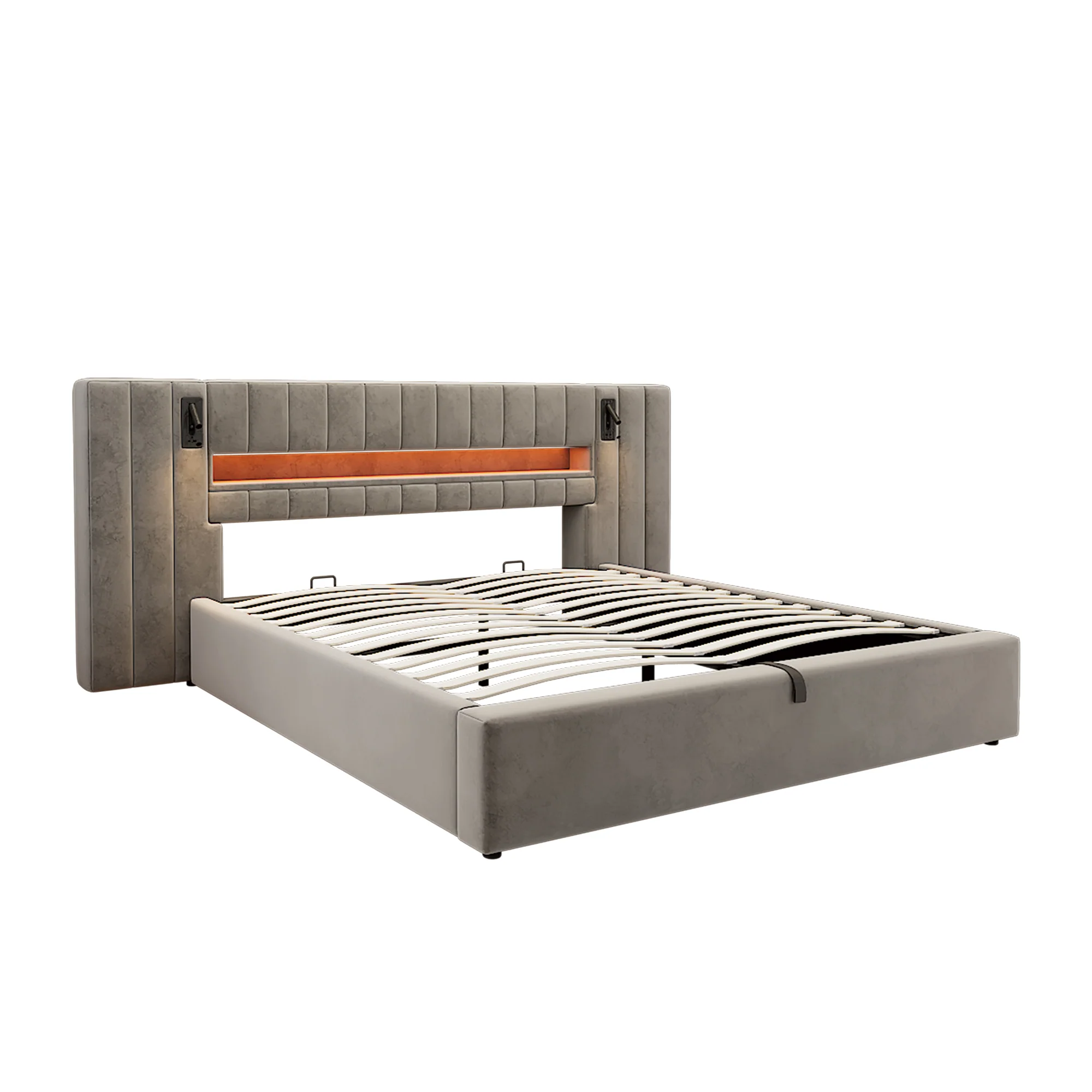 Upholstered Double Bed 180x200cm USB LED Storage - Velvet Grey - Image 10