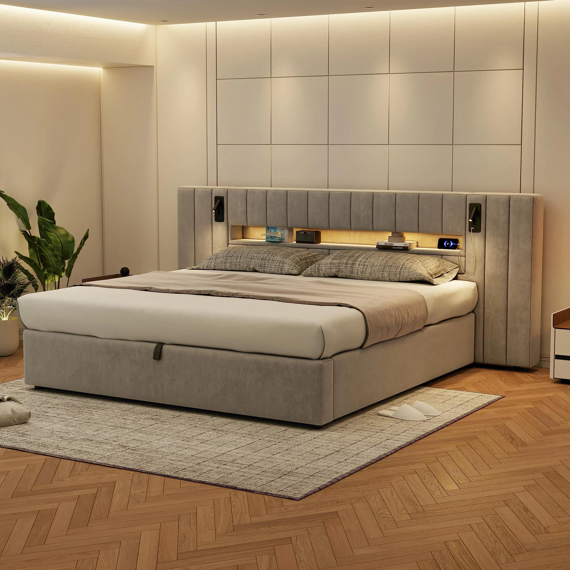 Upholstered Double Bed 180x200cm USB LED Storage - Velvet Grey - Image 2