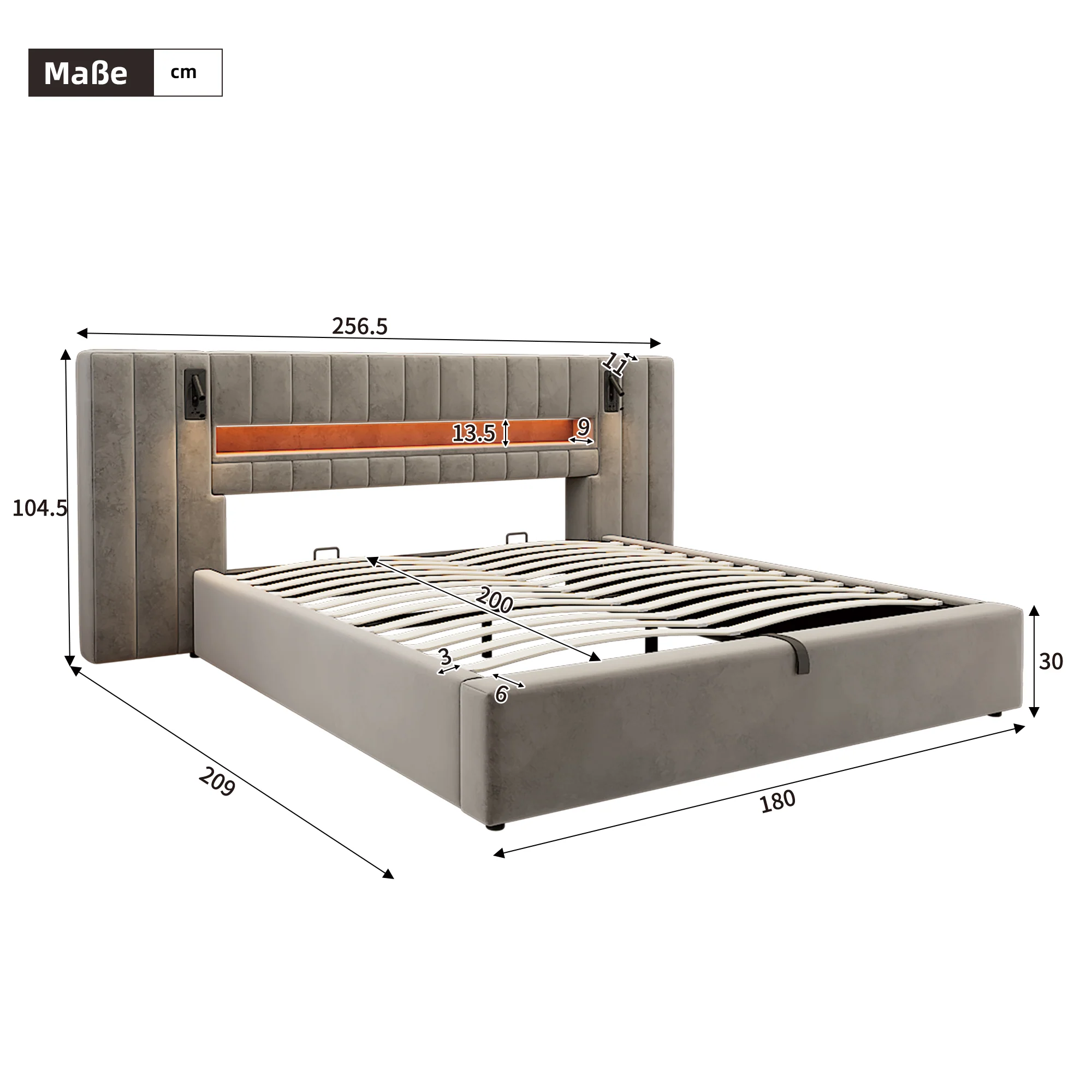 Upholstered Double Bed 180x200cm USB LED Storage - Velvet Grey - Image 3
