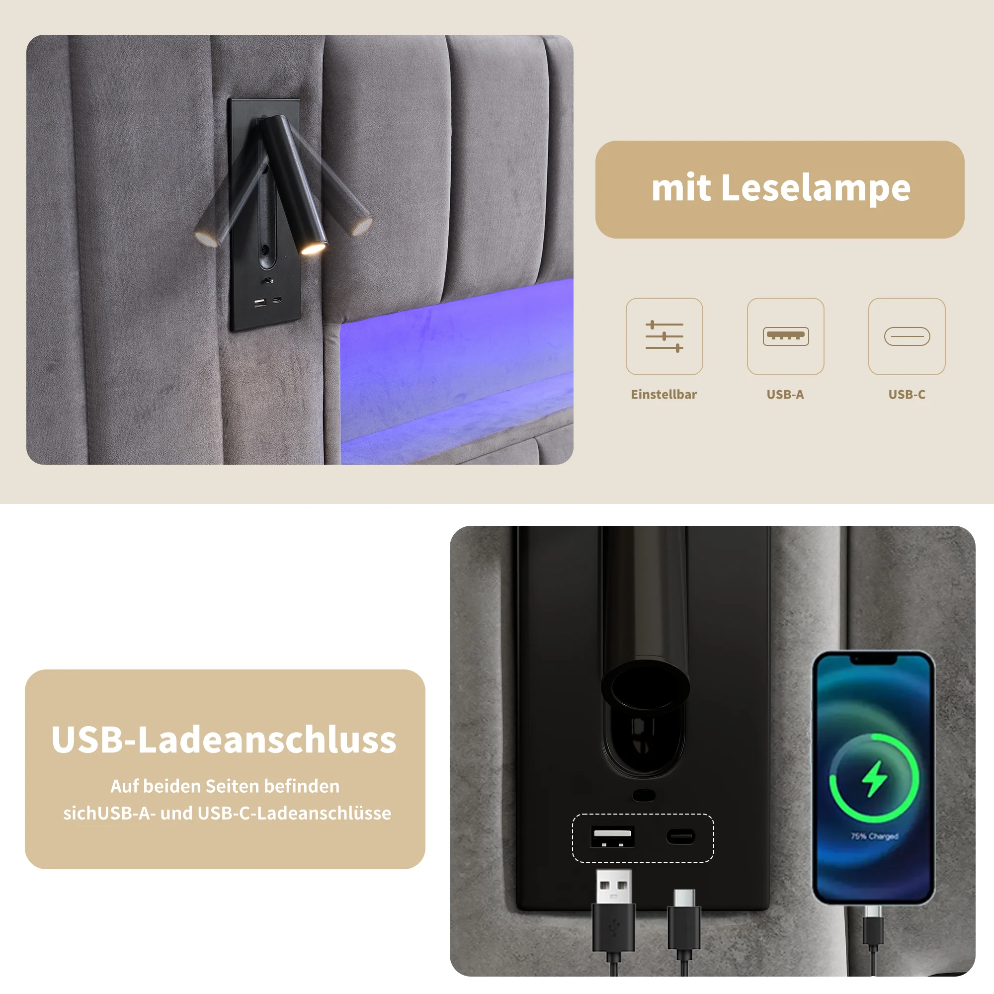 Upholstered Double Bed 180x200cm USB LED Storage - Velvet Grey - Image 5