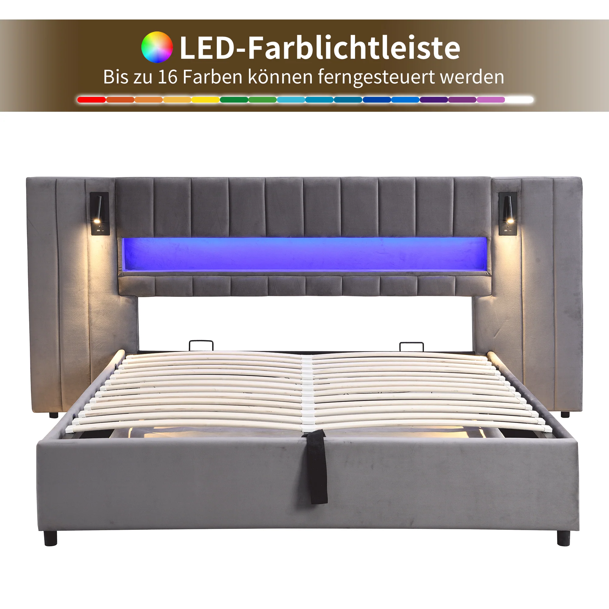 Upholstered Double Bed 180x200cm USB LED Storage - Velvet Grey - Image 7