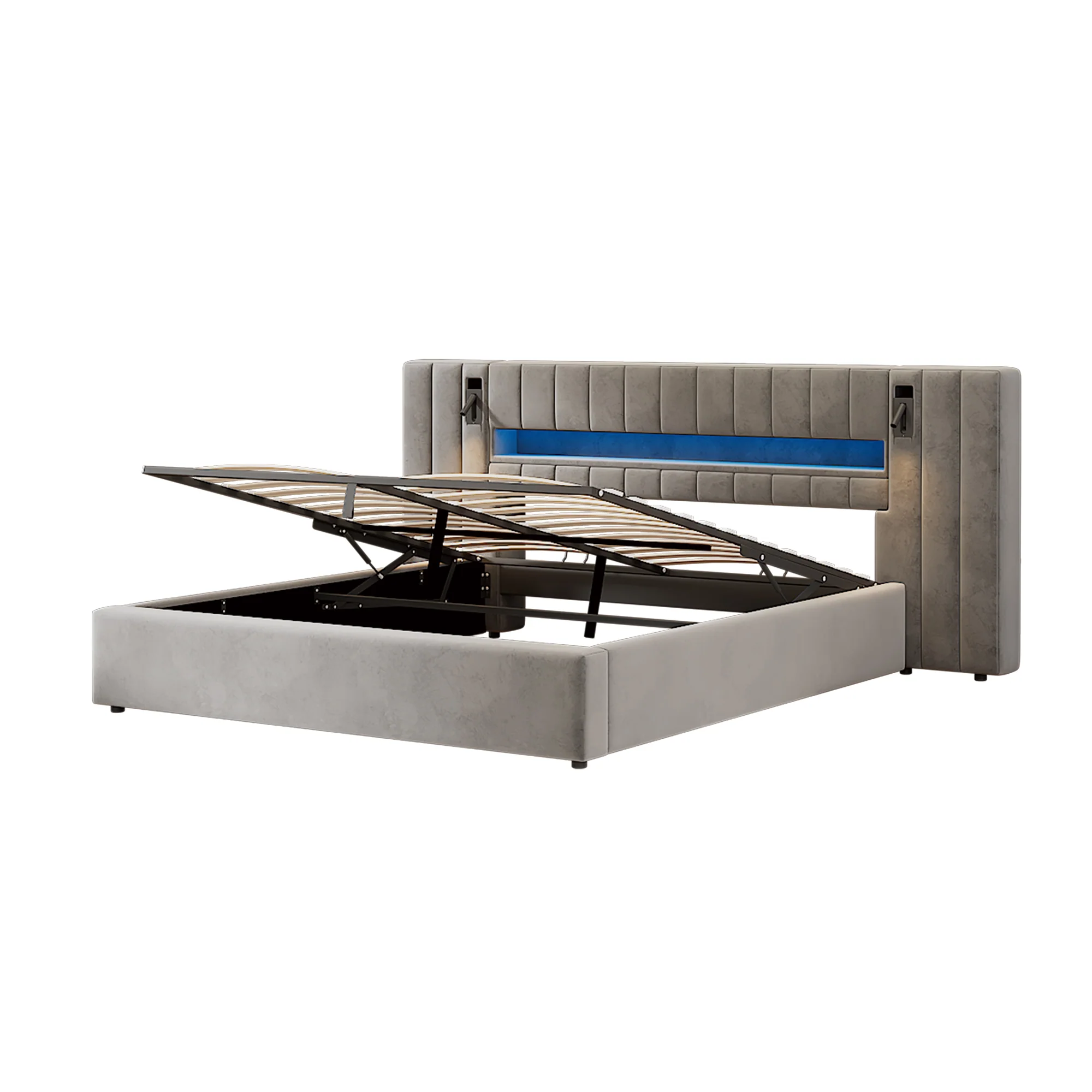 Upholstered Double Bed 180x200cm USB LED Storage - Velvet Grey - Image 8