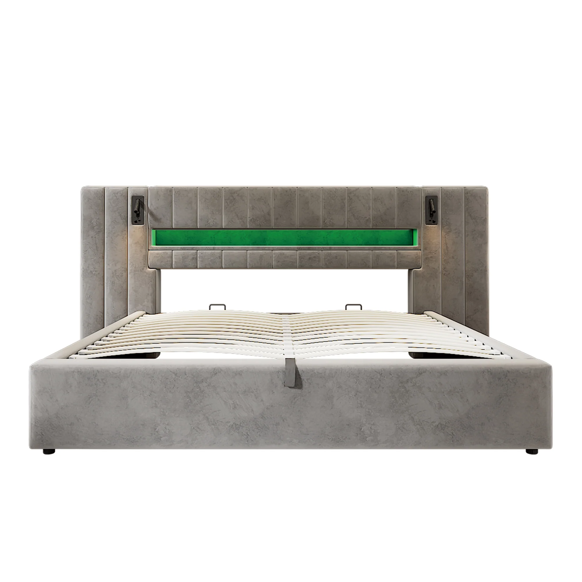 Upholstered Double Bed 180x200cm USB LED Storage - Velvet Grey - Image 9