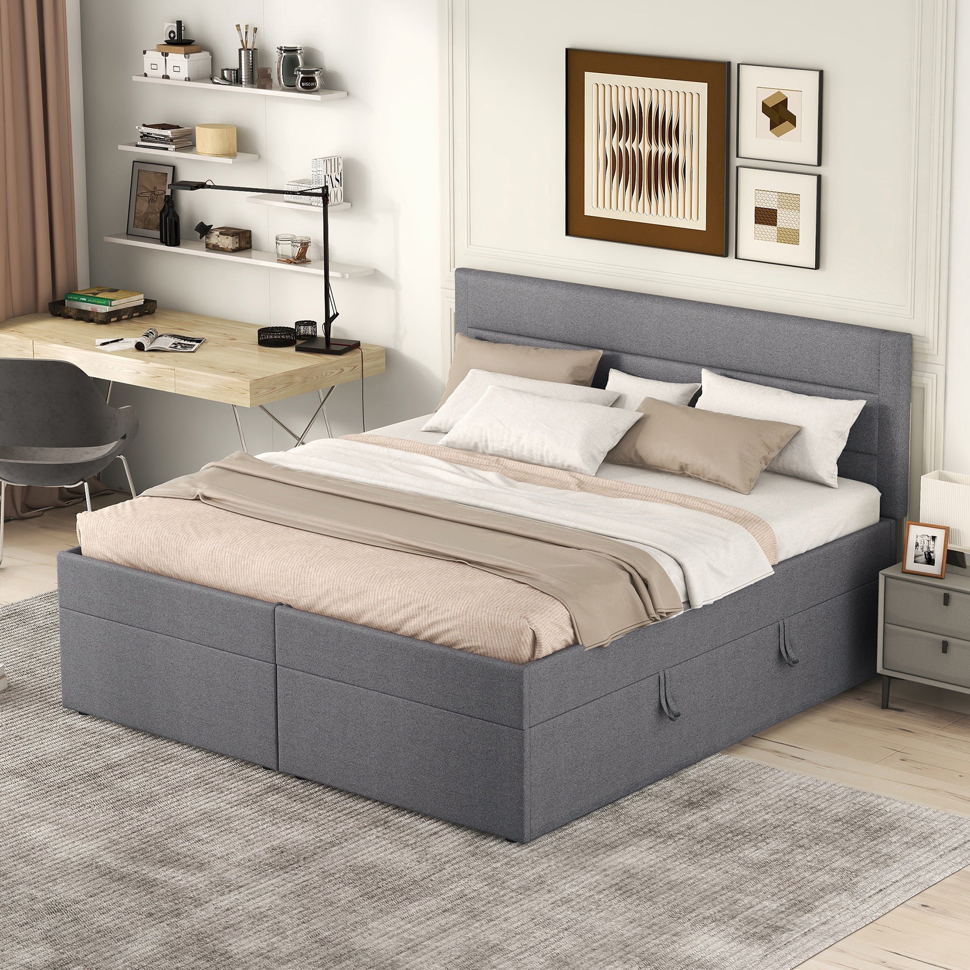 Upholstered Double Bed 200x140cm Dual Access Storage Metal Slats - Grey - Image 2