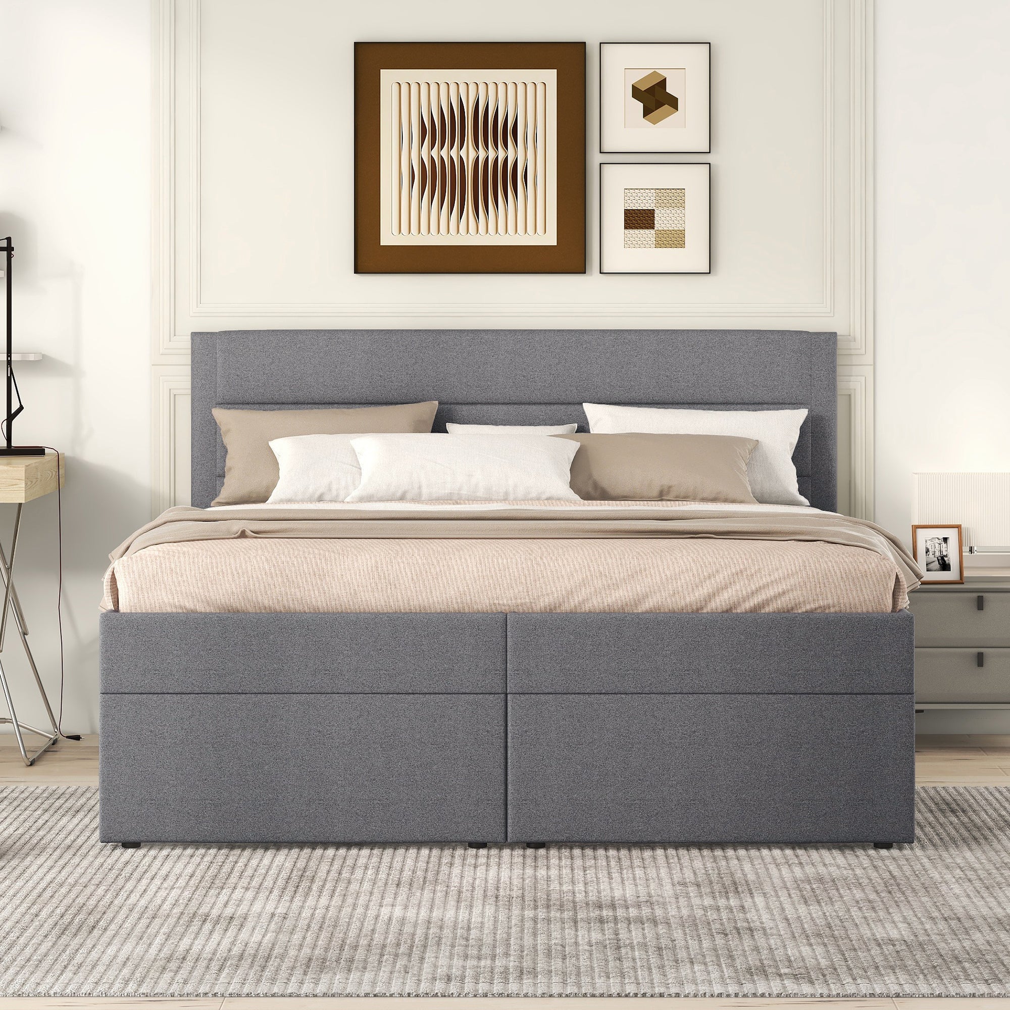 Upholstered Double Bed 200x140cm Dual Access Storage Metal Slats - Grey - Image 5