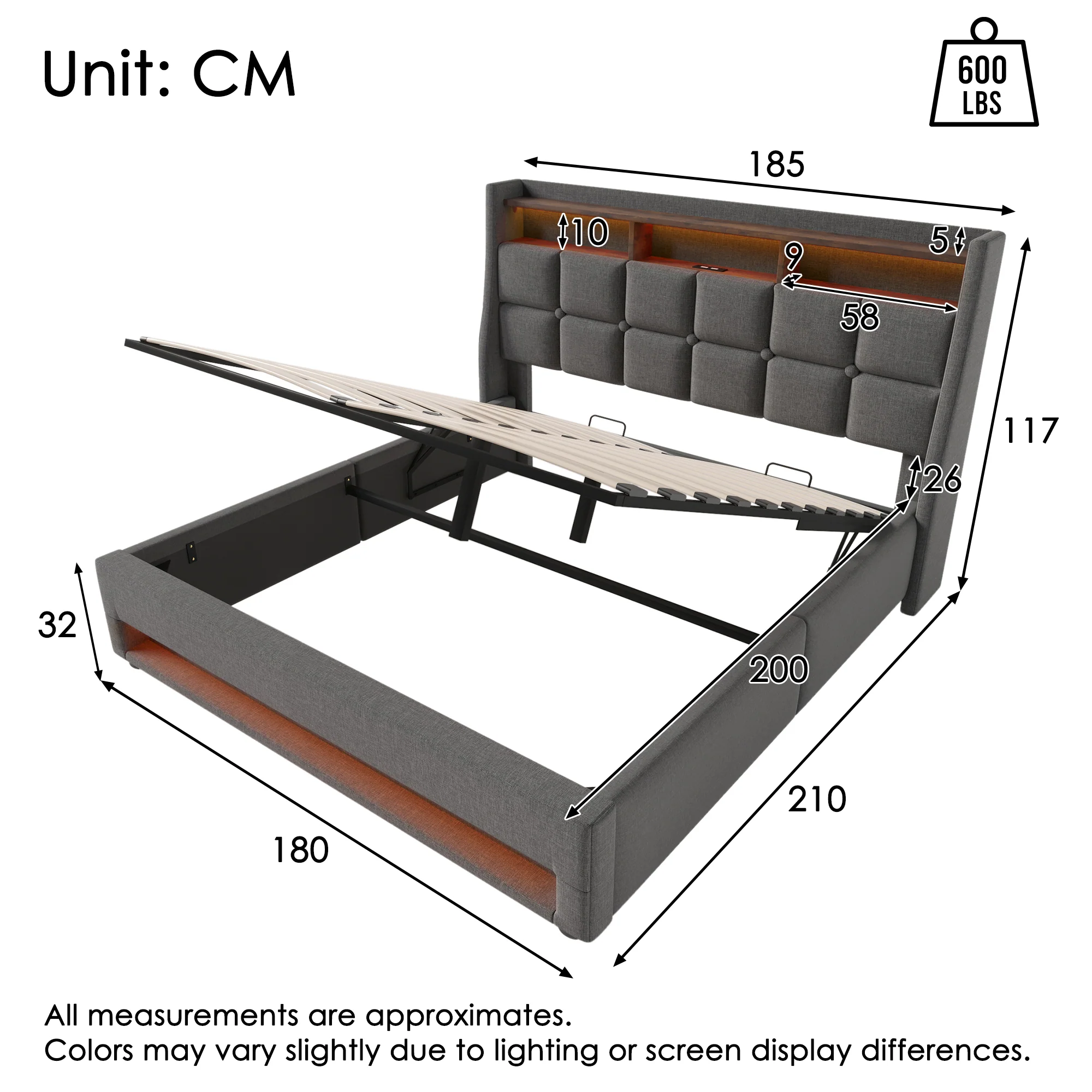 Upholstered Double Bed with LED Lighting, USB-C Charging, Storage Headboard, 6FT Super King Size, Linen, Grey - Image 2
