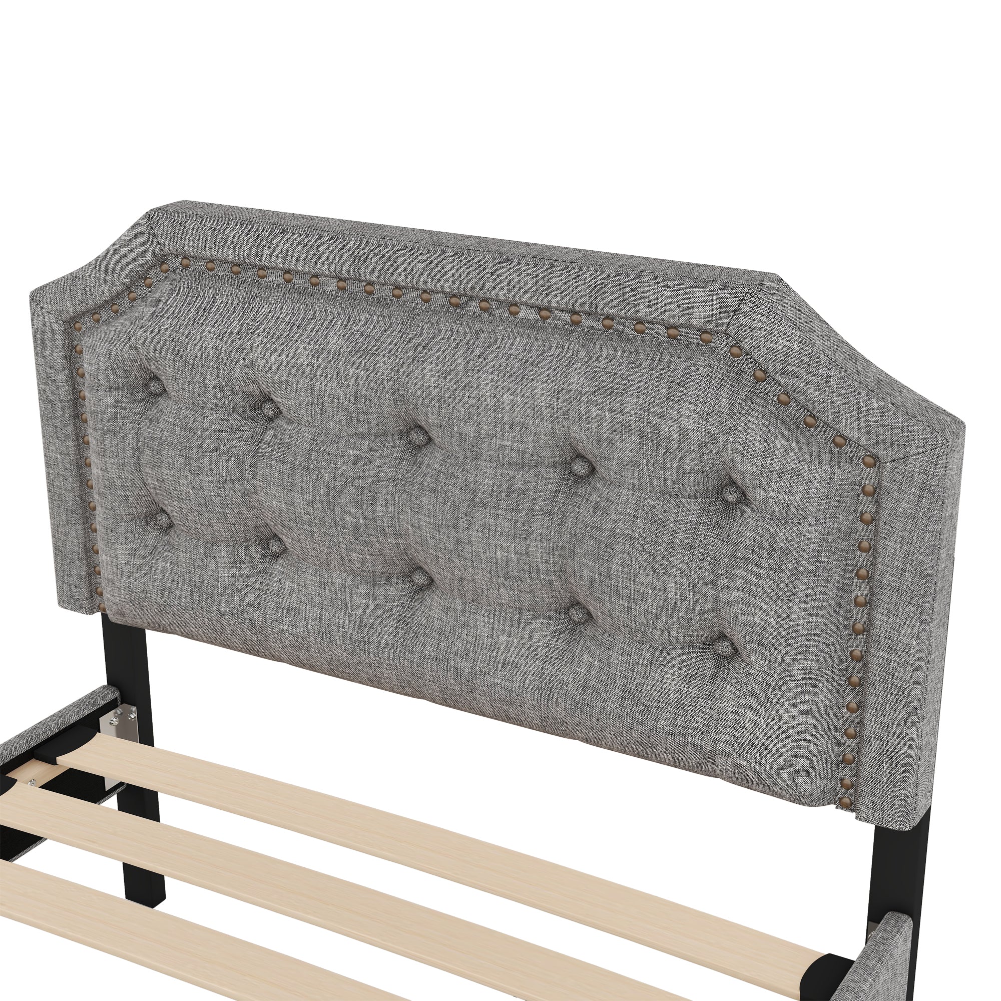 Upholstered Flat Bed 90x200cm Decorative Studs Double Drawers - Grey - Image 10