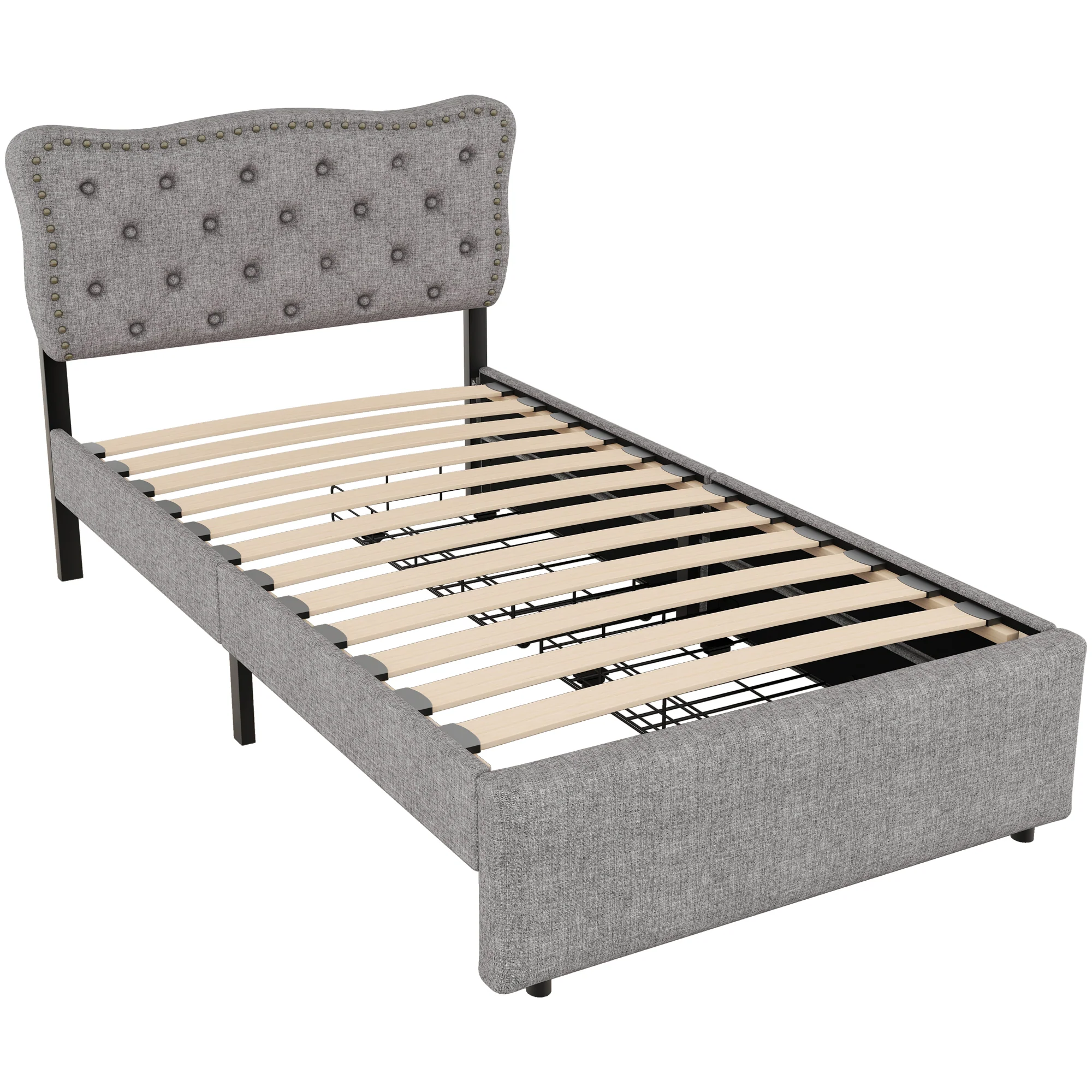 Upholstered Flat Bed 90x200cm Decorative Studs Double Drawers - Grey - Image 18