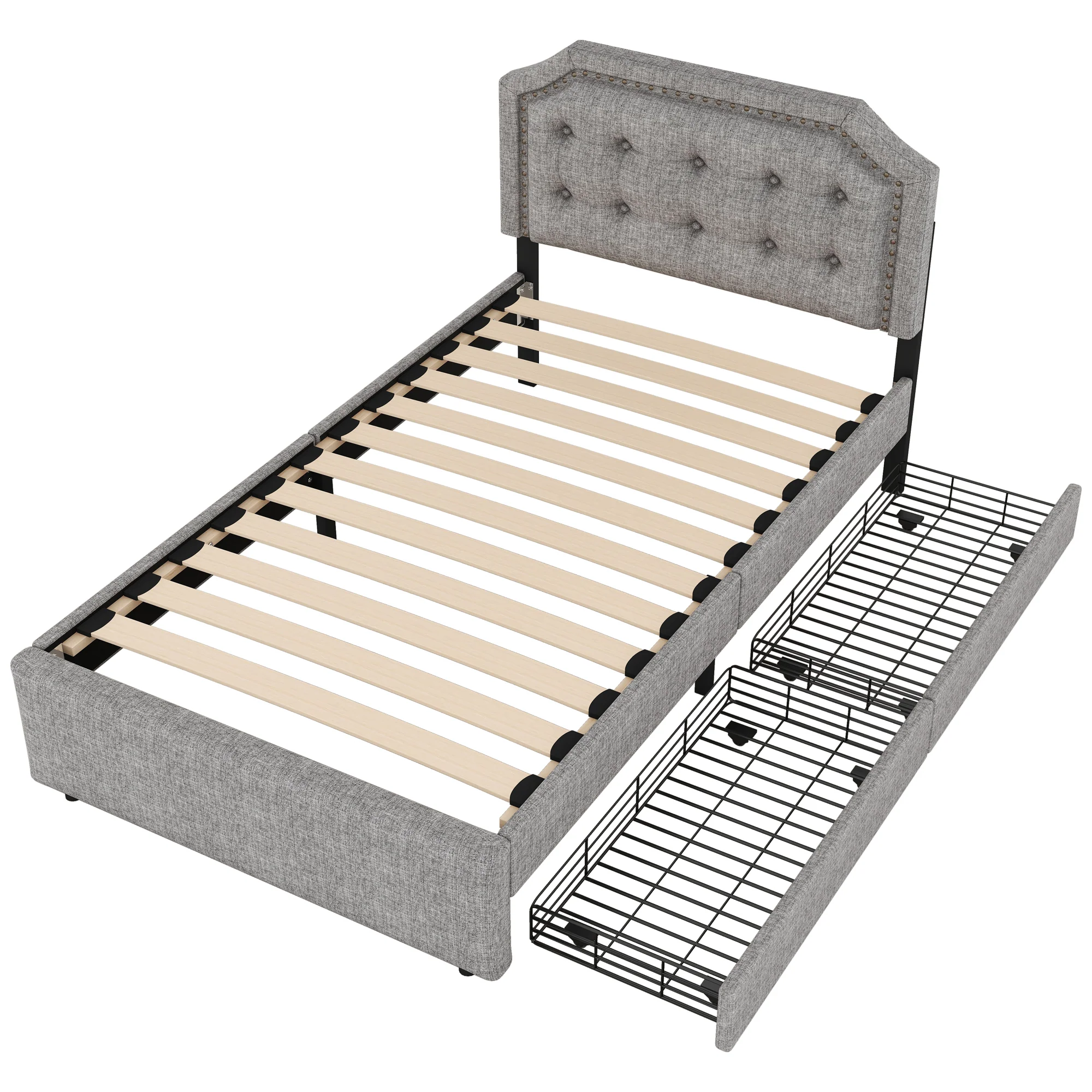Upholstered Flat Bed 90x200cm Decorative Studs Double Drawers - Grey - Image 6