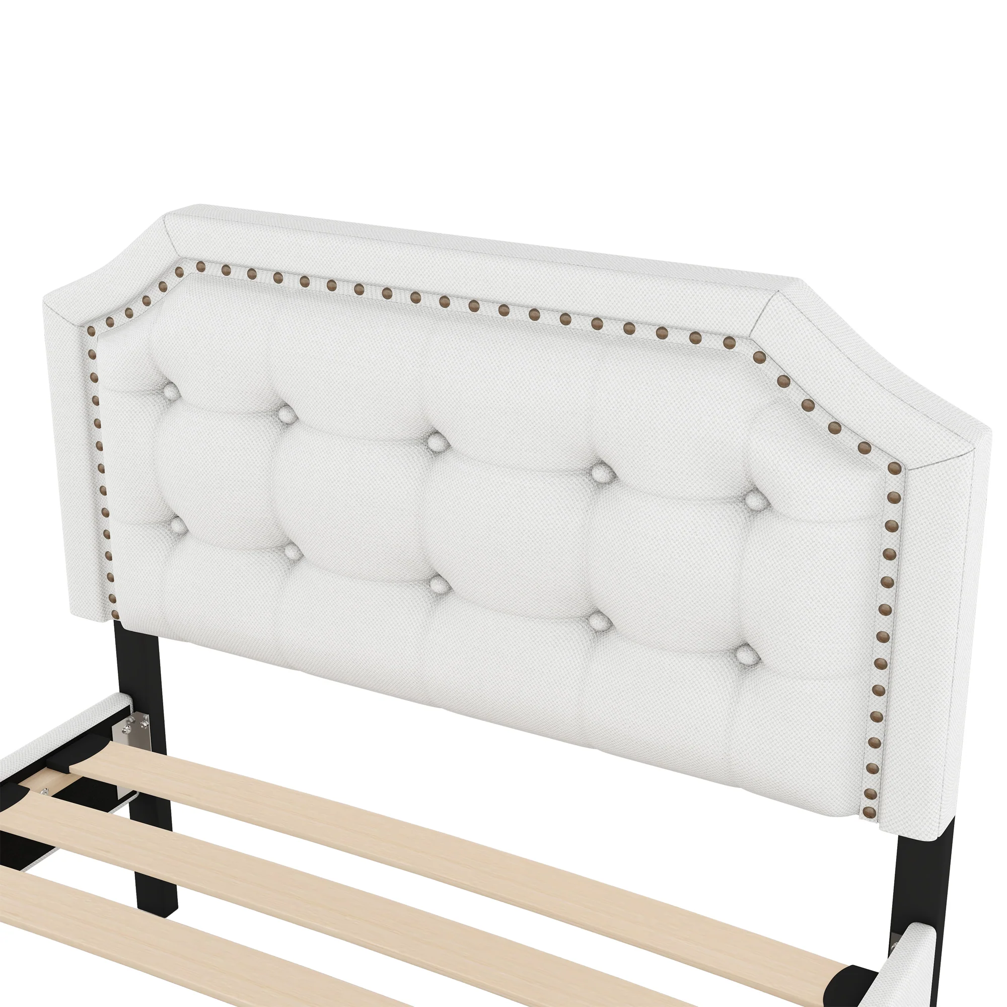 Upholstered Flat Bed 90x200cm Decorative Studs Double Drawers Light Beige - Image 10