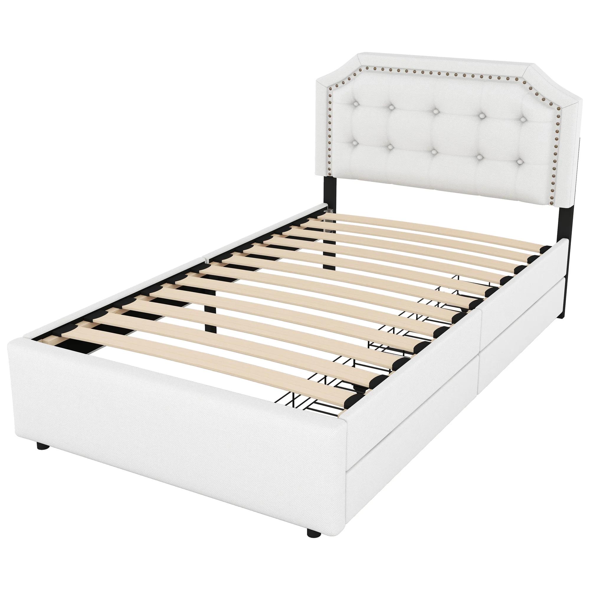Upholstered Flat Bed 90x200cm Decorative Studs Double Drawers Light Beige - Image 9