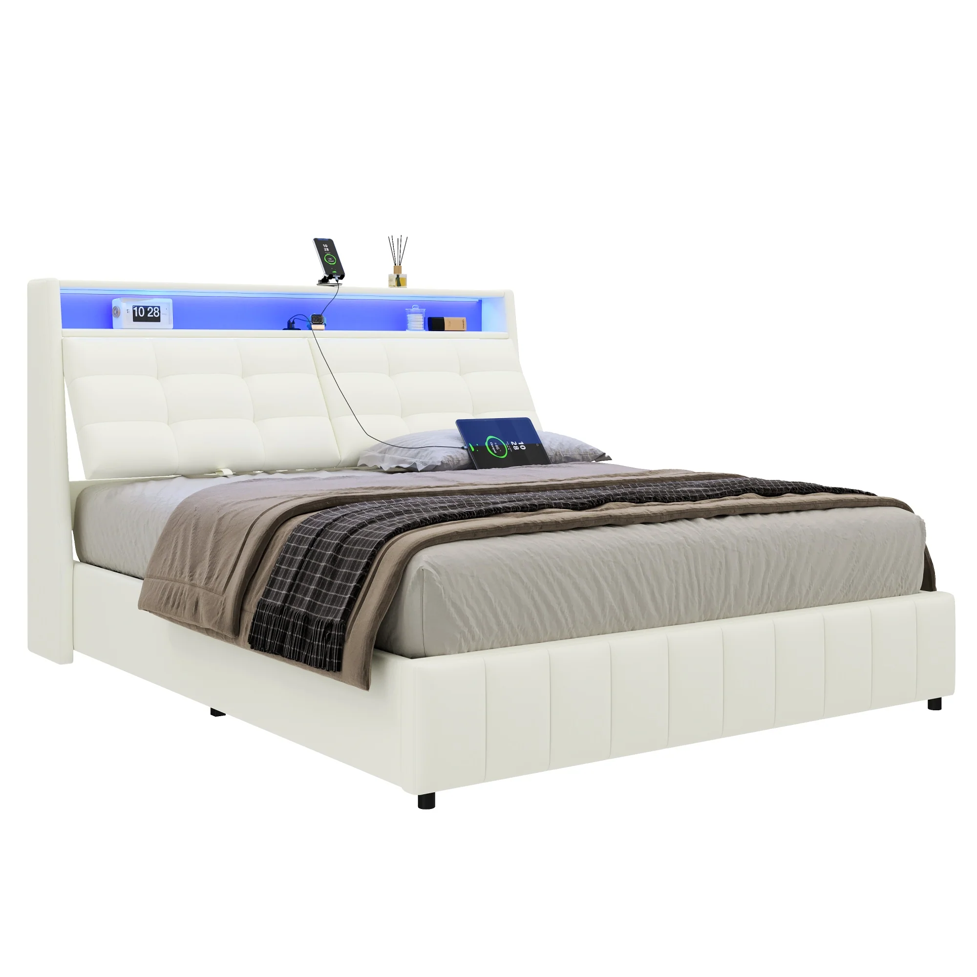 Upholstered Platform Bed 160x200 LED USB Storage Adjustable Headboard - White - Image 5