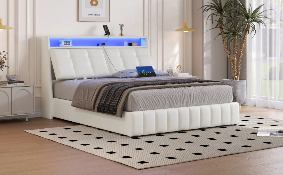 Upholstered Platform Bed 160x200 LED USB Storage Adjustable Headboard - White - Image 8