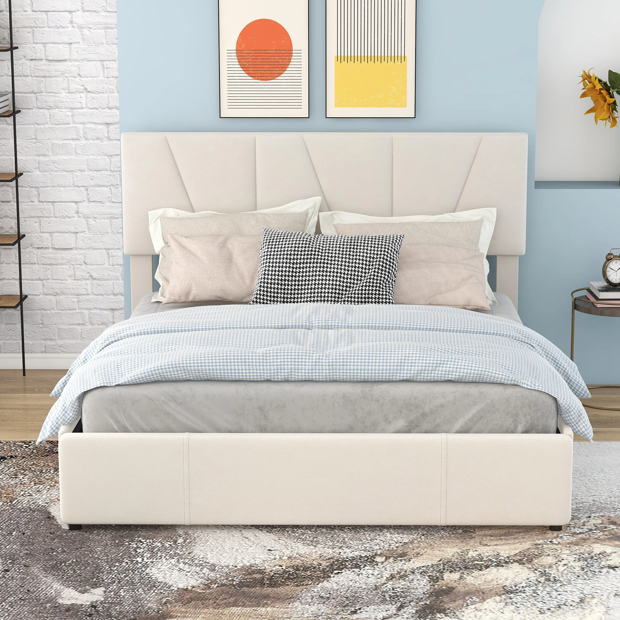 Upholstered Platform Bed Double 140x200cm with 4 Drawers Adjustable Headboard Beige - Image 2