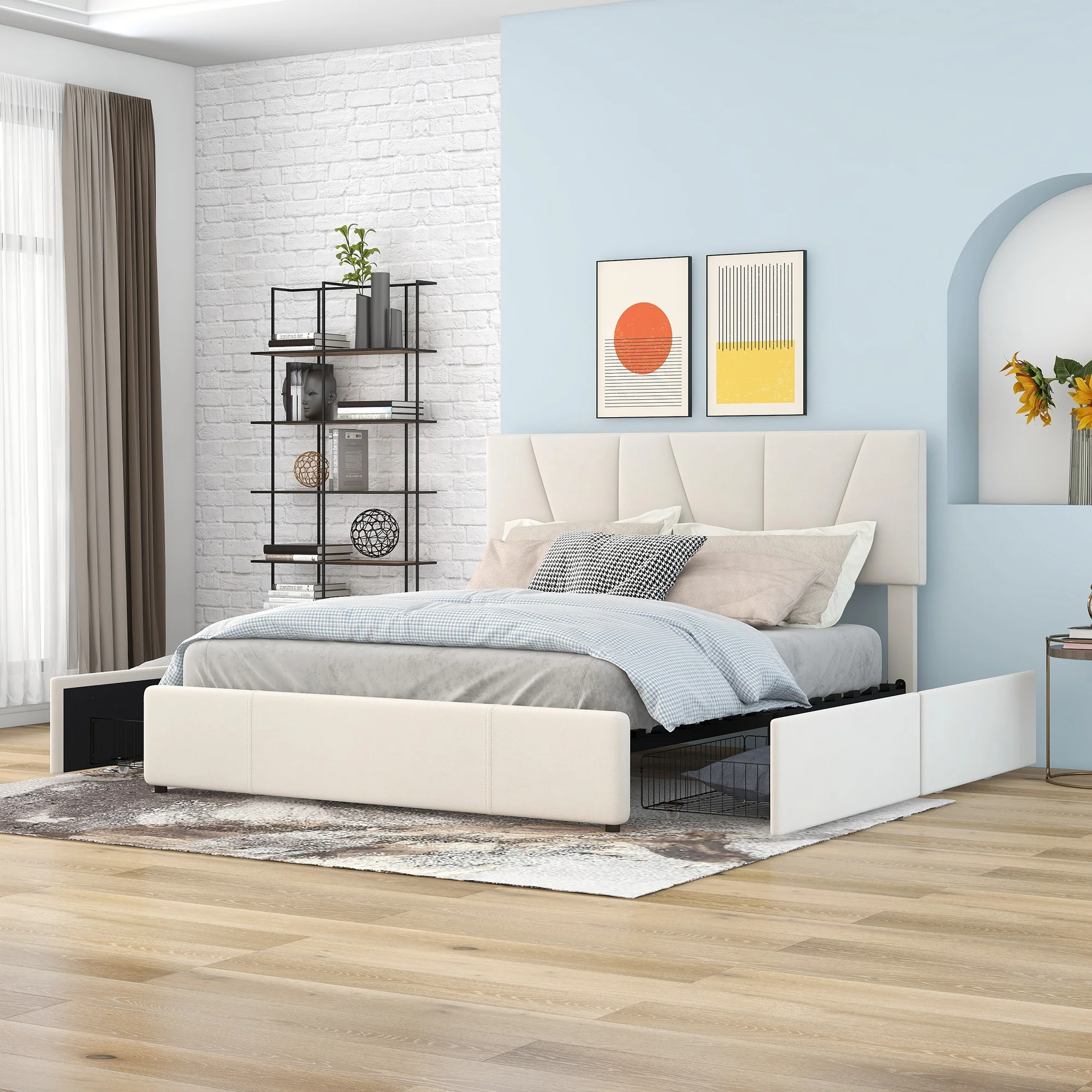 Upholstered Platform Bed Double 140x200cm with 4 Drawers Adjustable Headboard Beige - Image 3