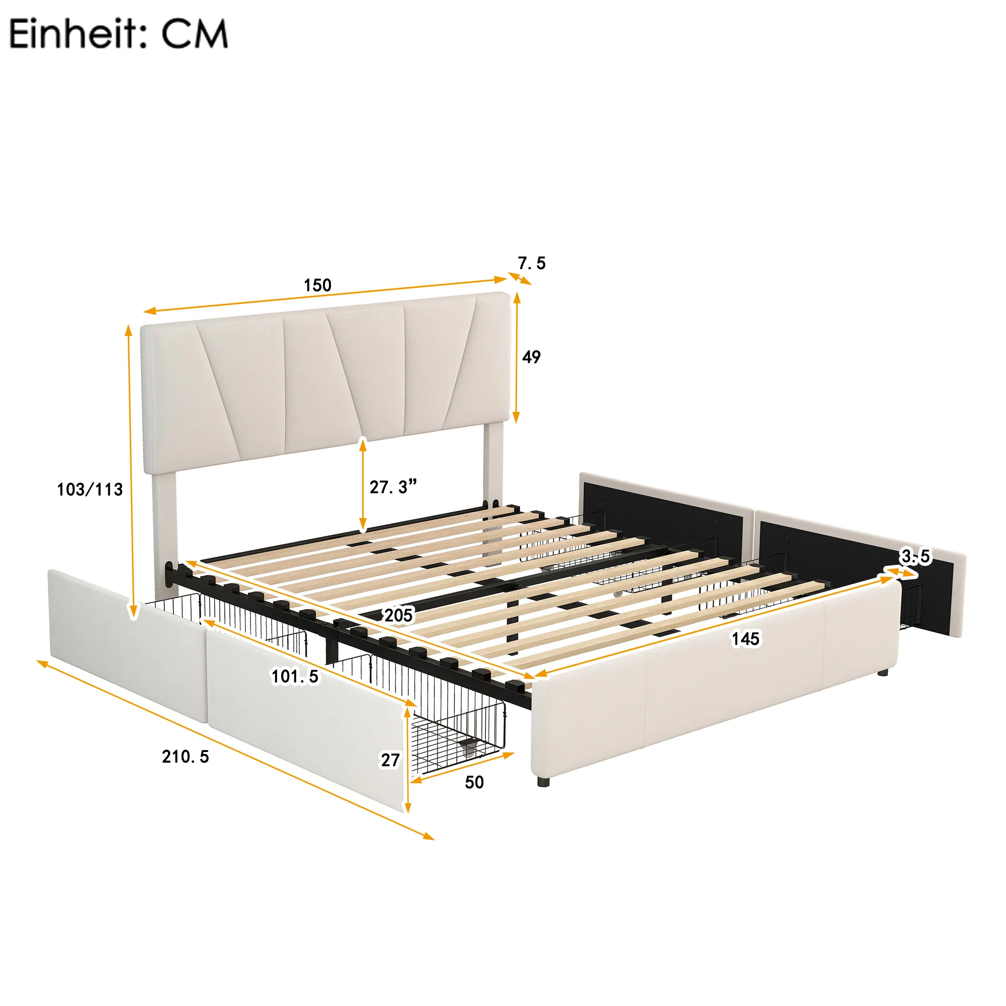 Upholstered Platform Bed Double 140x200cm with 4 Drawers Adjustable Headboard Beige - Image 4