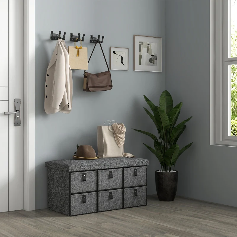 Upholstered Shoe Bench with 6 Storage Compartments Linen Look Grey - Image 7