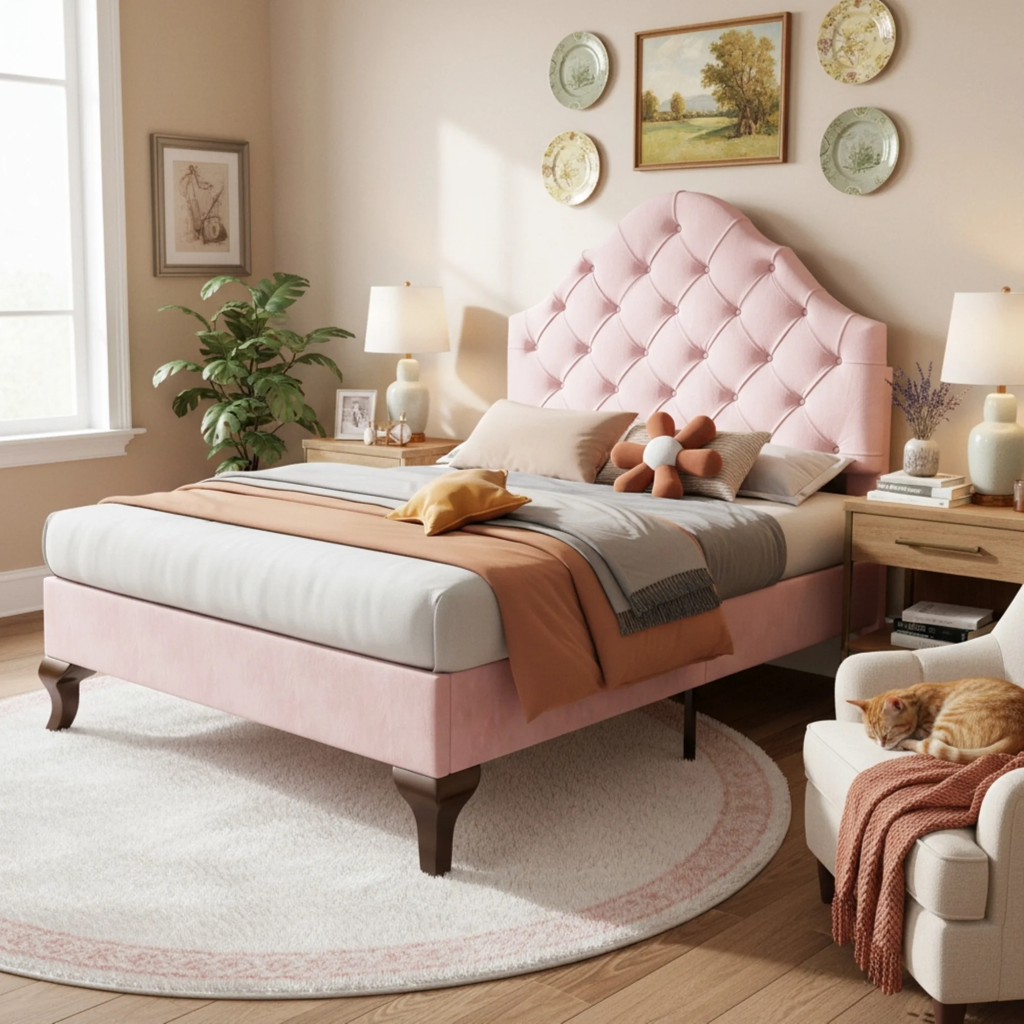 Upholstered Single Bed 90x200 Height-Adjustable Headboard Slatted Base Velvet Pink - Image 2