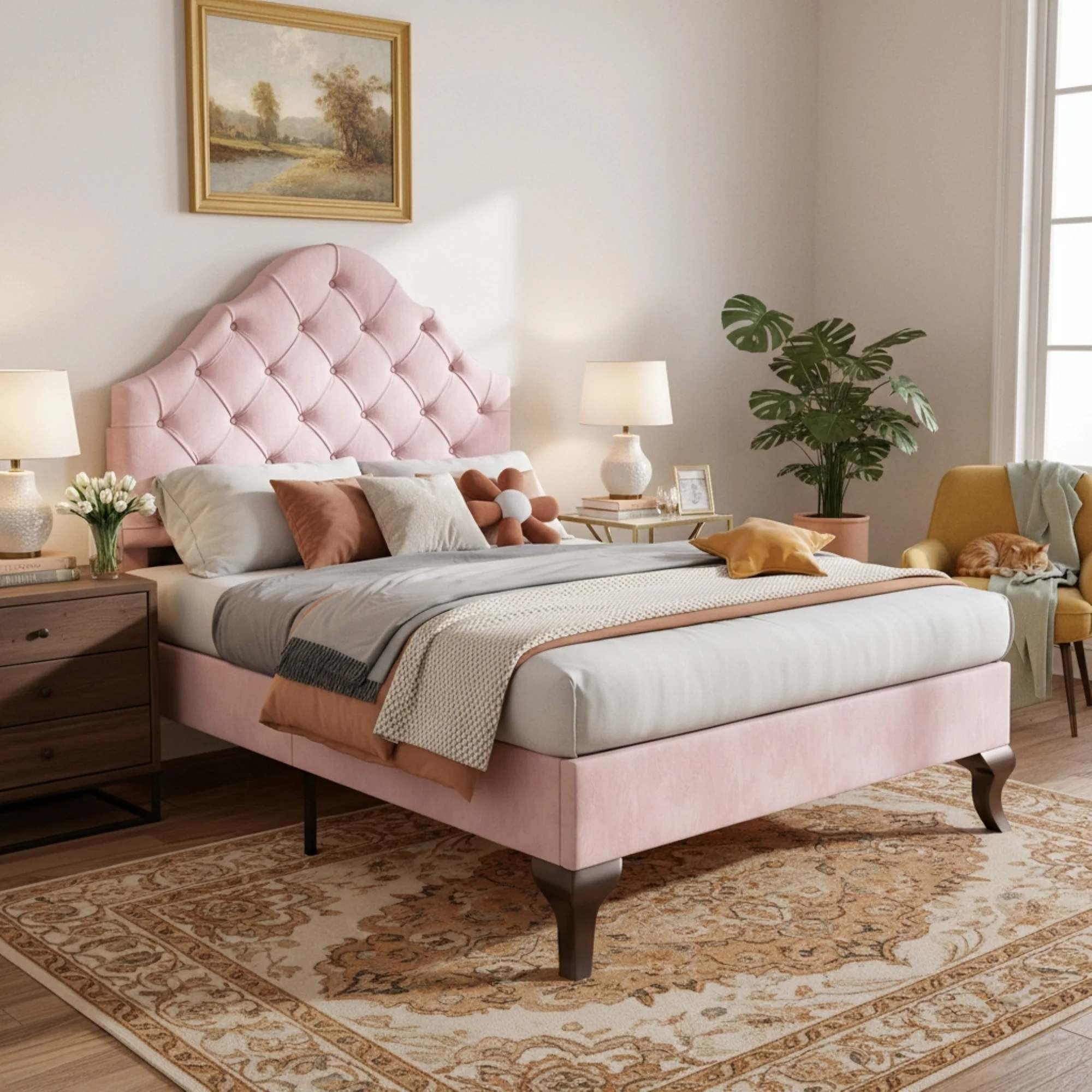 Upholstered Single Bed 90x200 Height-Adjustable Headboard Slatted Base Velvet Pink - Image 3