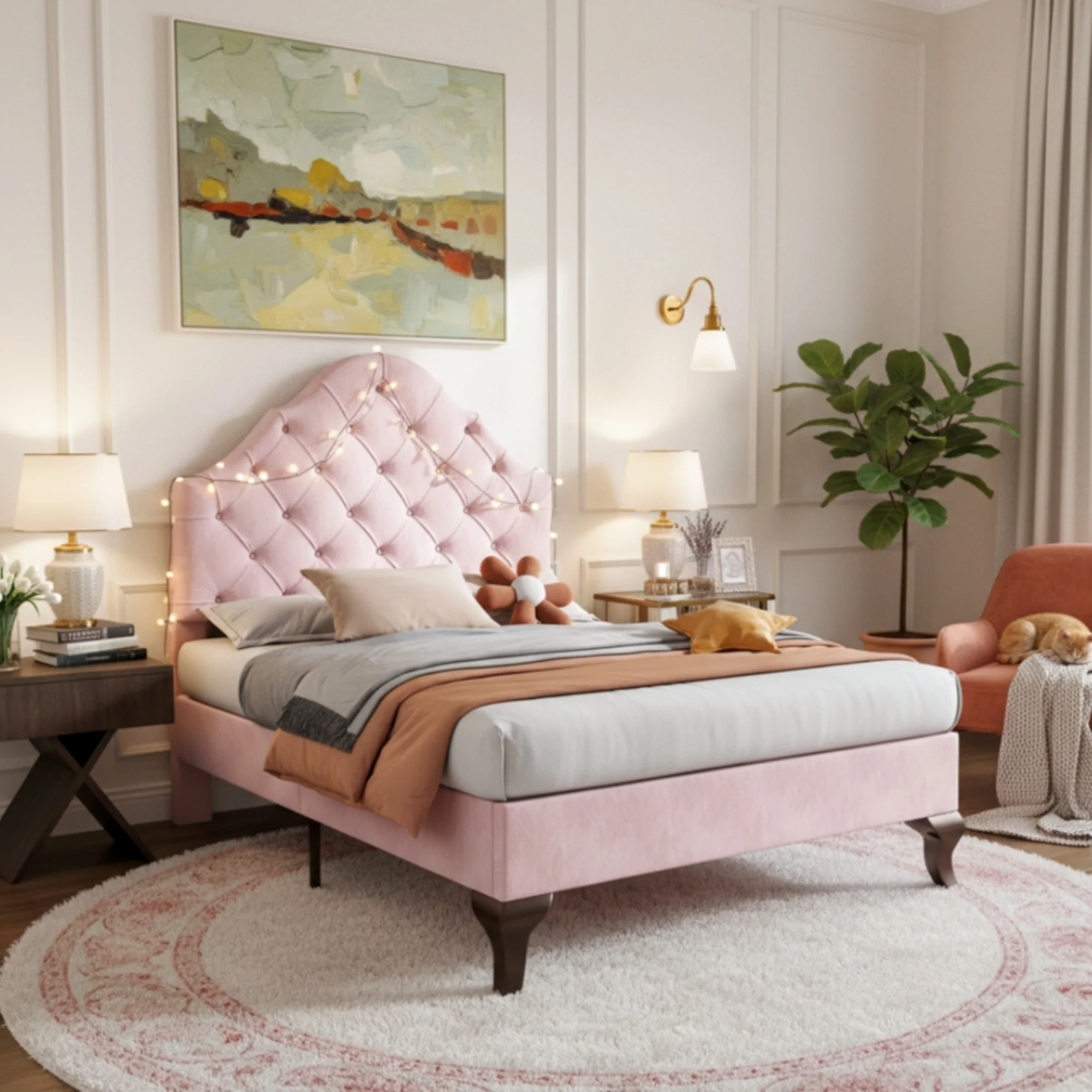 Upholstered Single Bed 90x200 Height-Adjustable Headboard Slatted Base Velvet Pink - Image 4