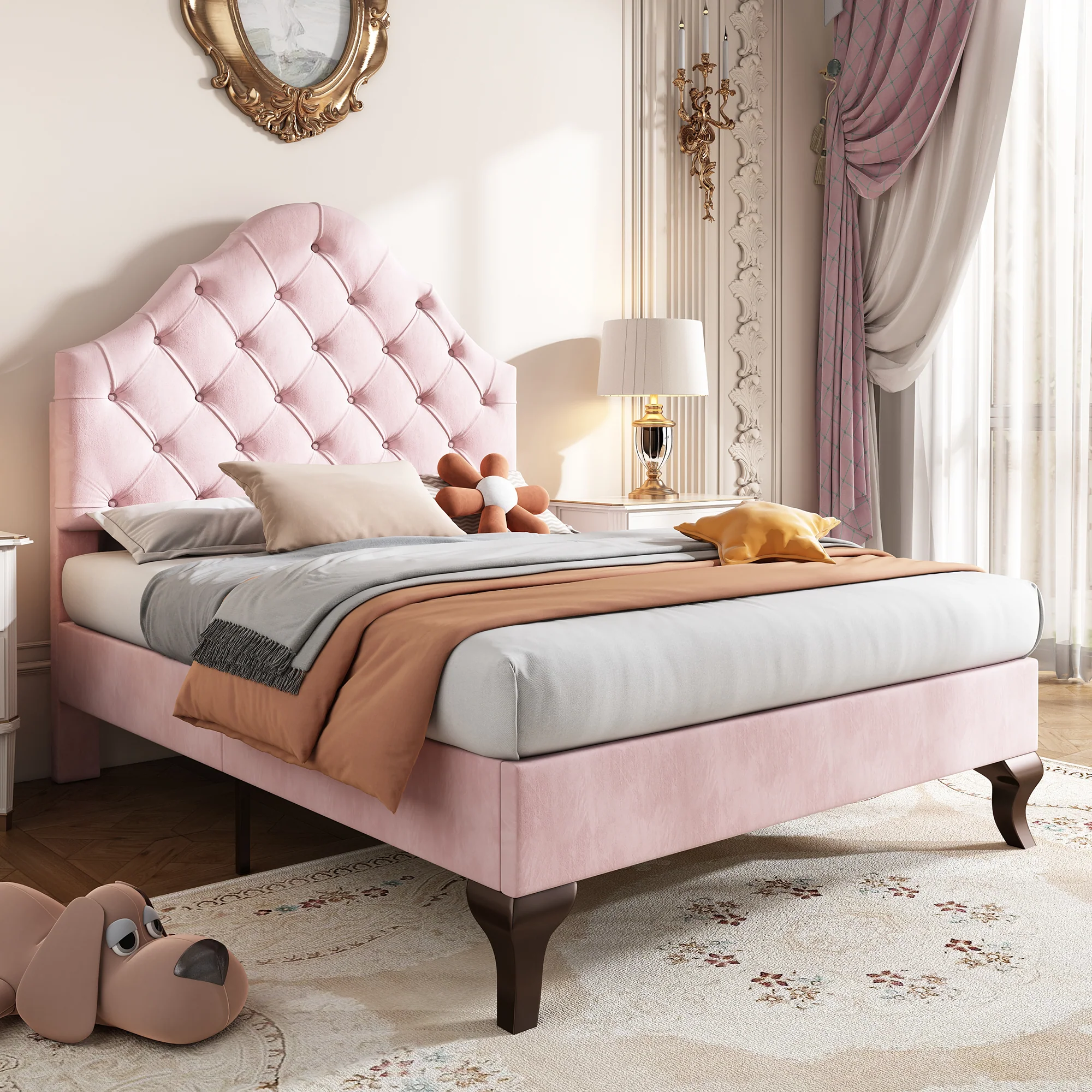 Upholstered Single Bed 90x200 Height-Adjustable Headboard Slatted Base Velvet Pink - Image 5