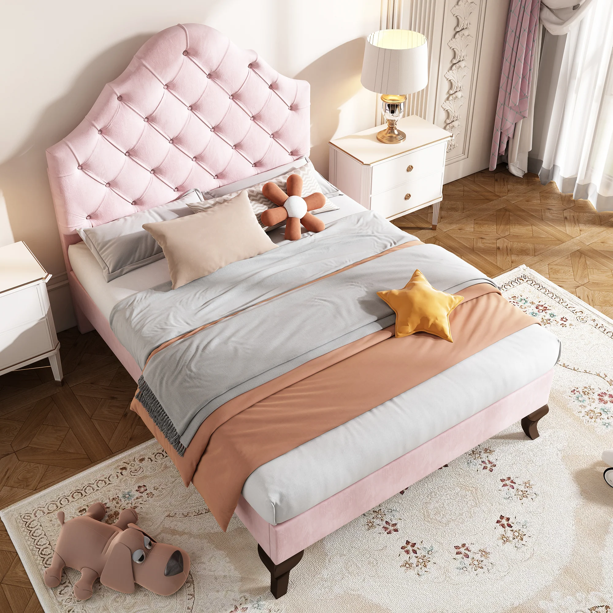 Upholstered Single Bed 90x200 Height-Adjustable Headboard Slatted Base Velvet Pink - Image 6